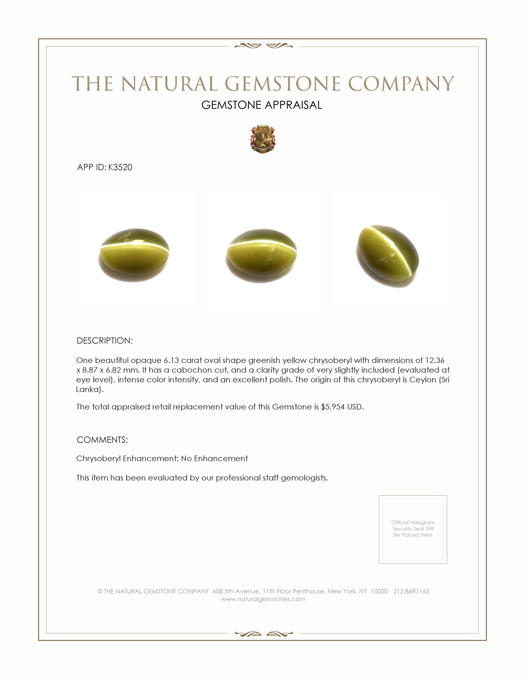 6.13 Ct. Cabochon Chrysoberyl from Ceylon (Sri Lanka)