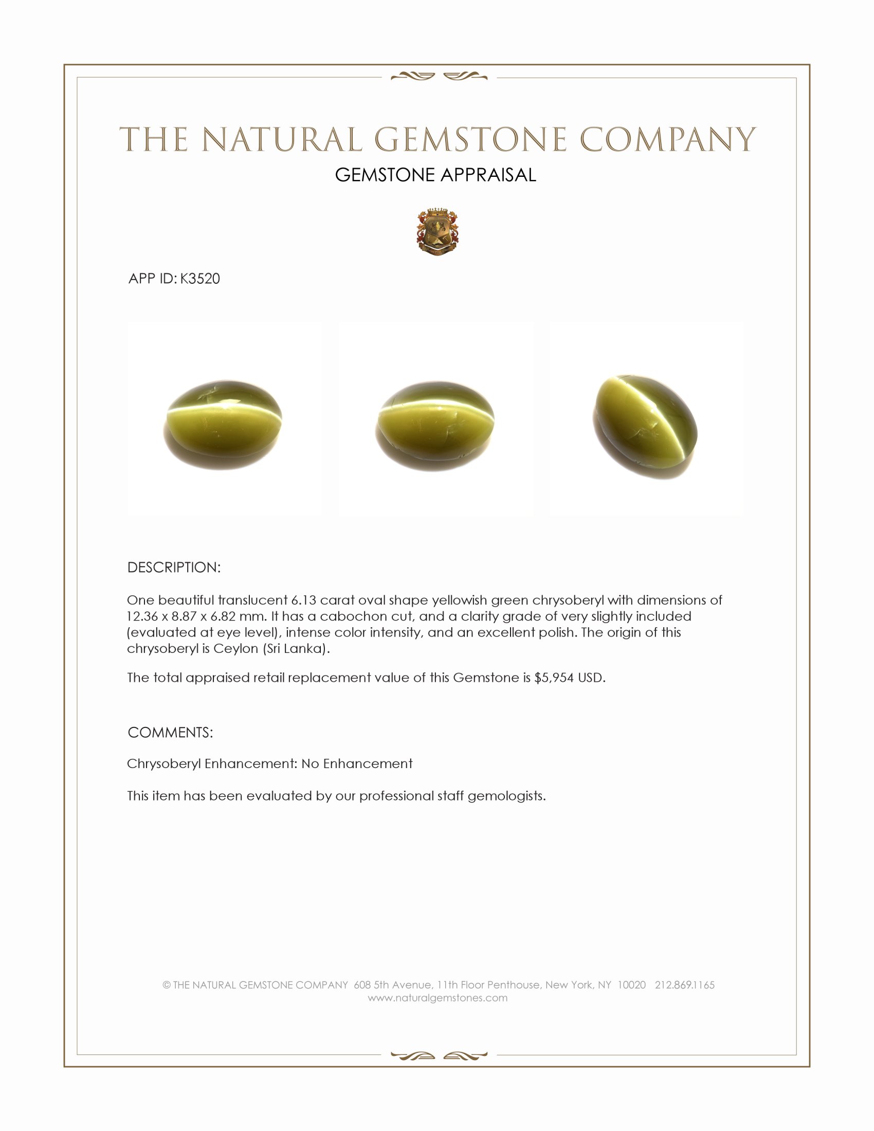 6.13 Ct. Yellowish Green Cabochon Cat’s Eye Chrysoberyl from Ceylon (Sri Lanka)