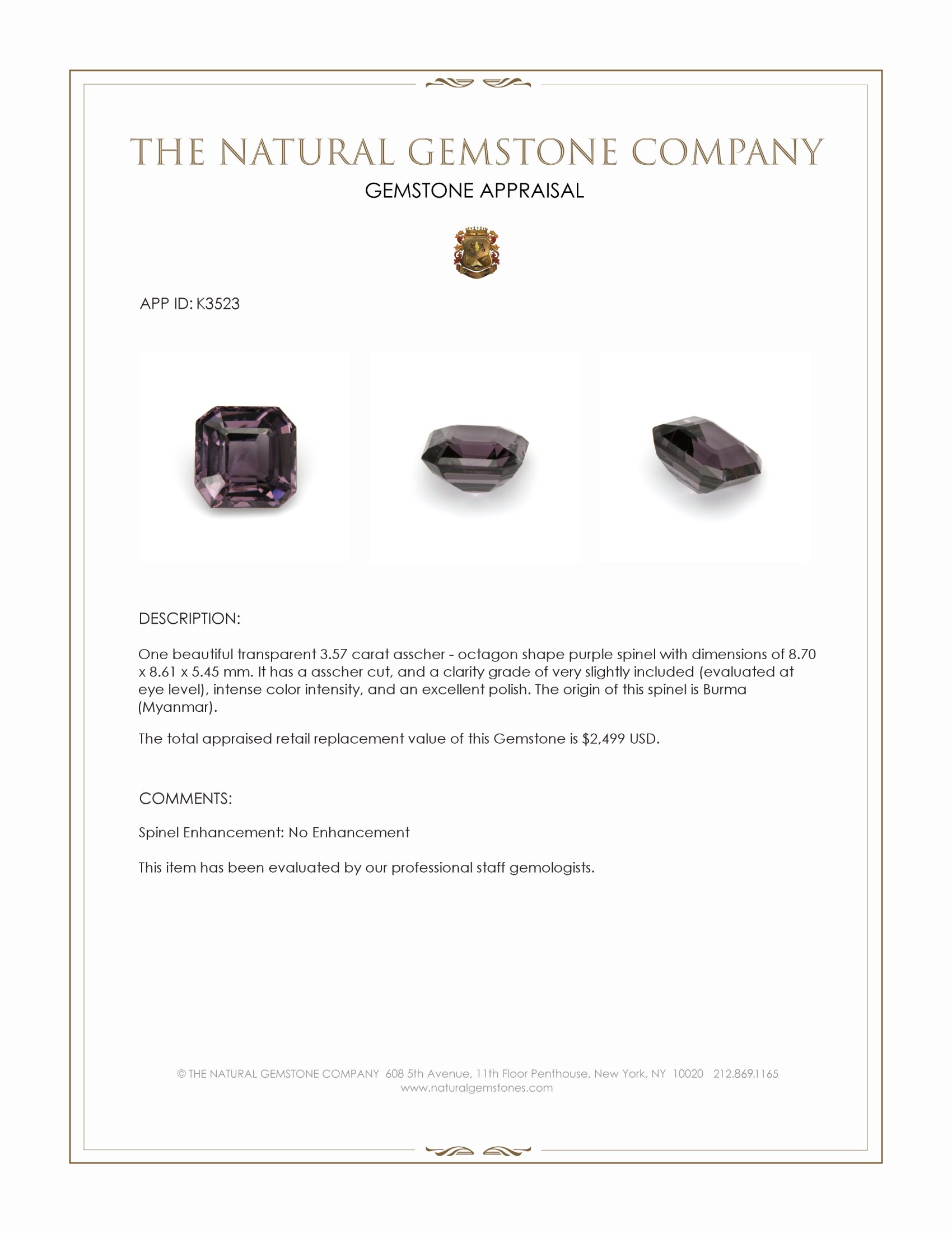 3.57 Ct. Purple Spinel from Burma (Myanmar)