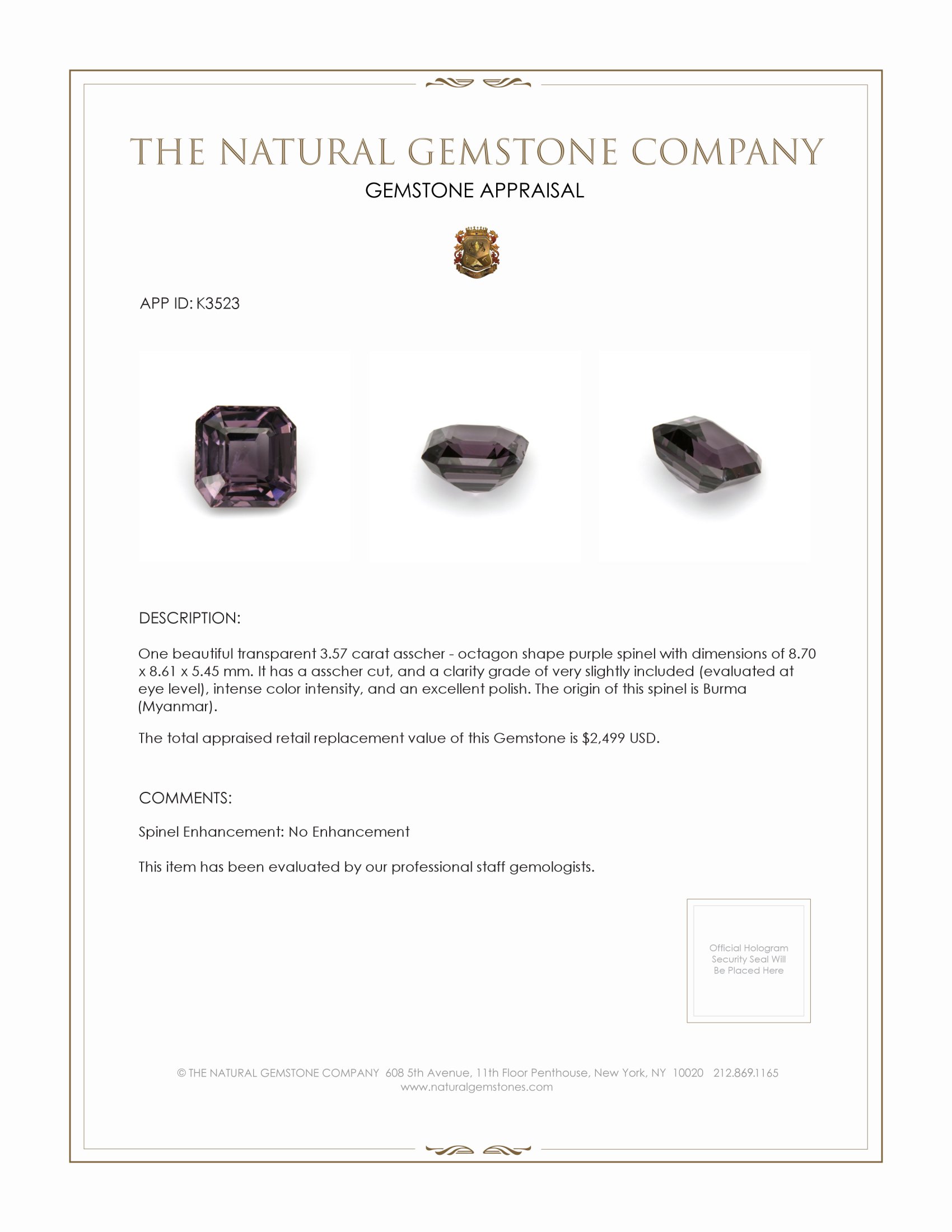 3.57 Ct. Spinel from Burma (Myanmar)