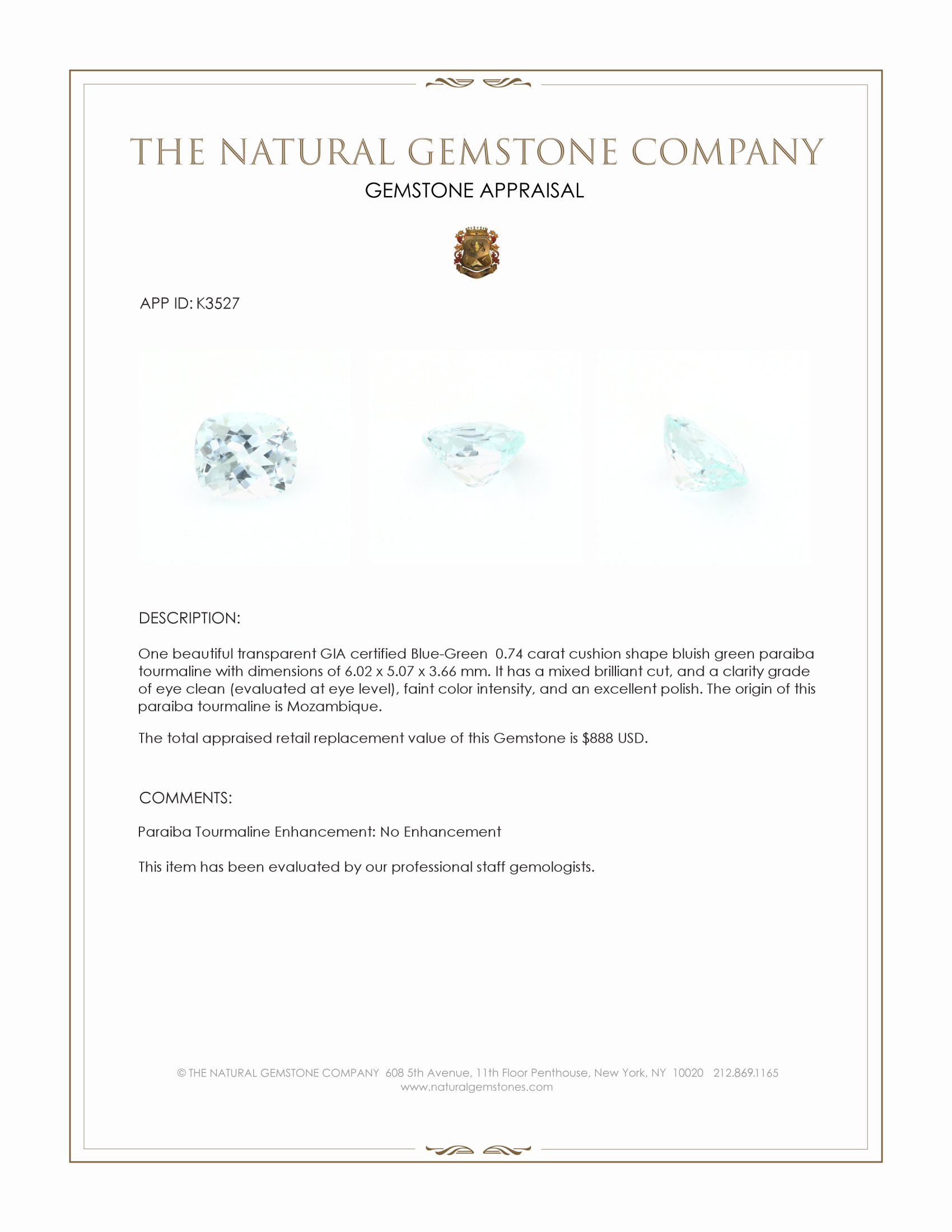 0.74 Ct. Bluish Green Paraiba Tourmaline from Mozambique