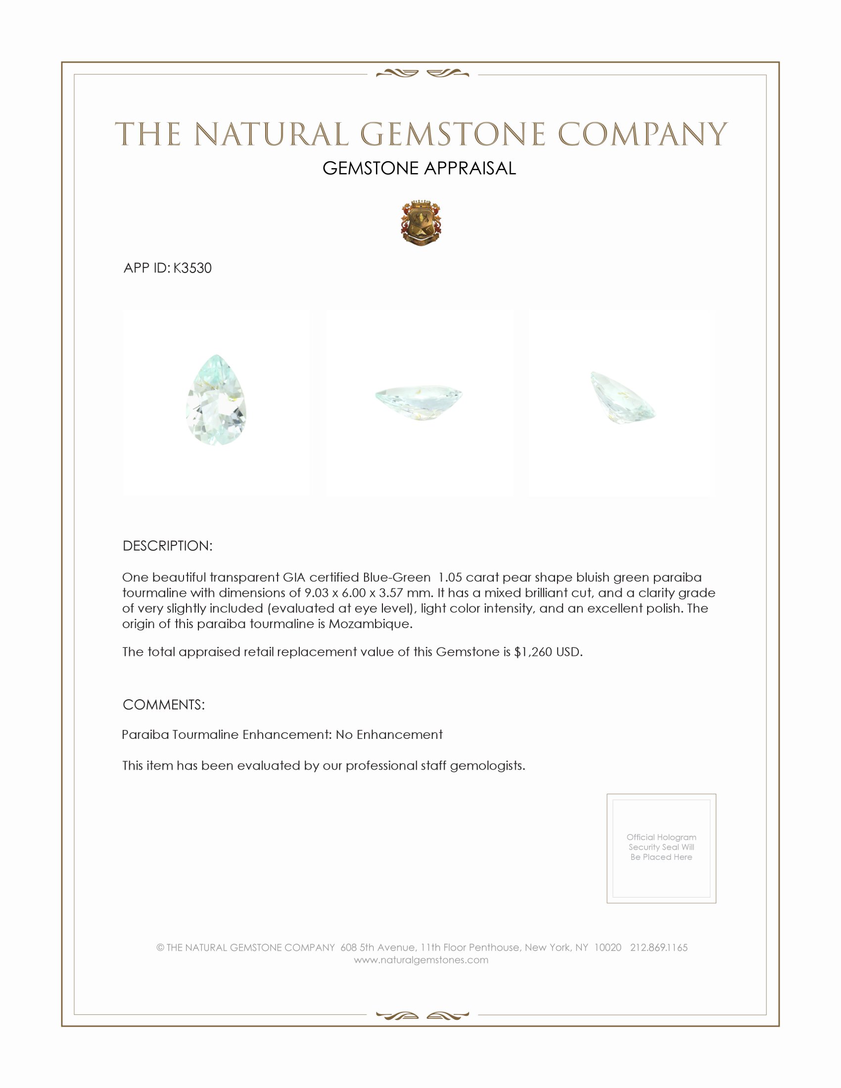 1.05 Ct. Paraiba Tourmaline from Mozambique