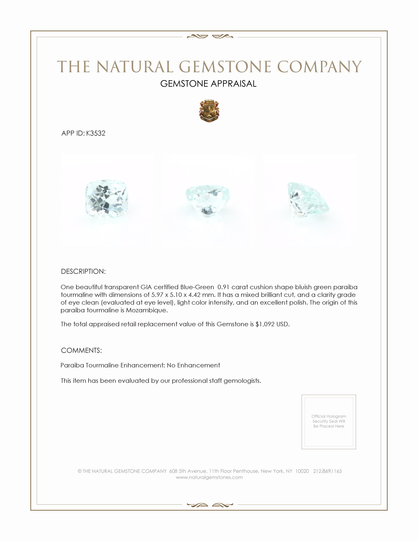 0.91 Ct. Paraiba Tourmaline from Mozambique