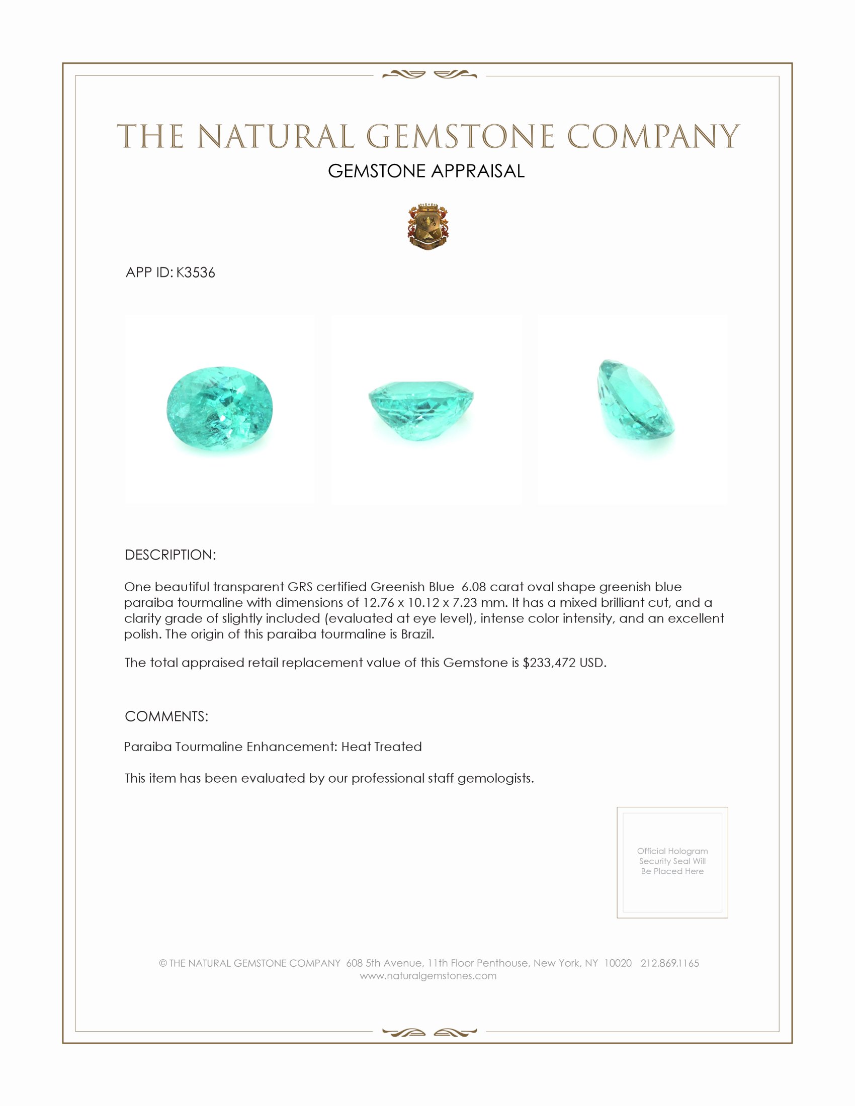 6.08 Ct. Greenish Blue Paraiba Tourmaline from Brazil