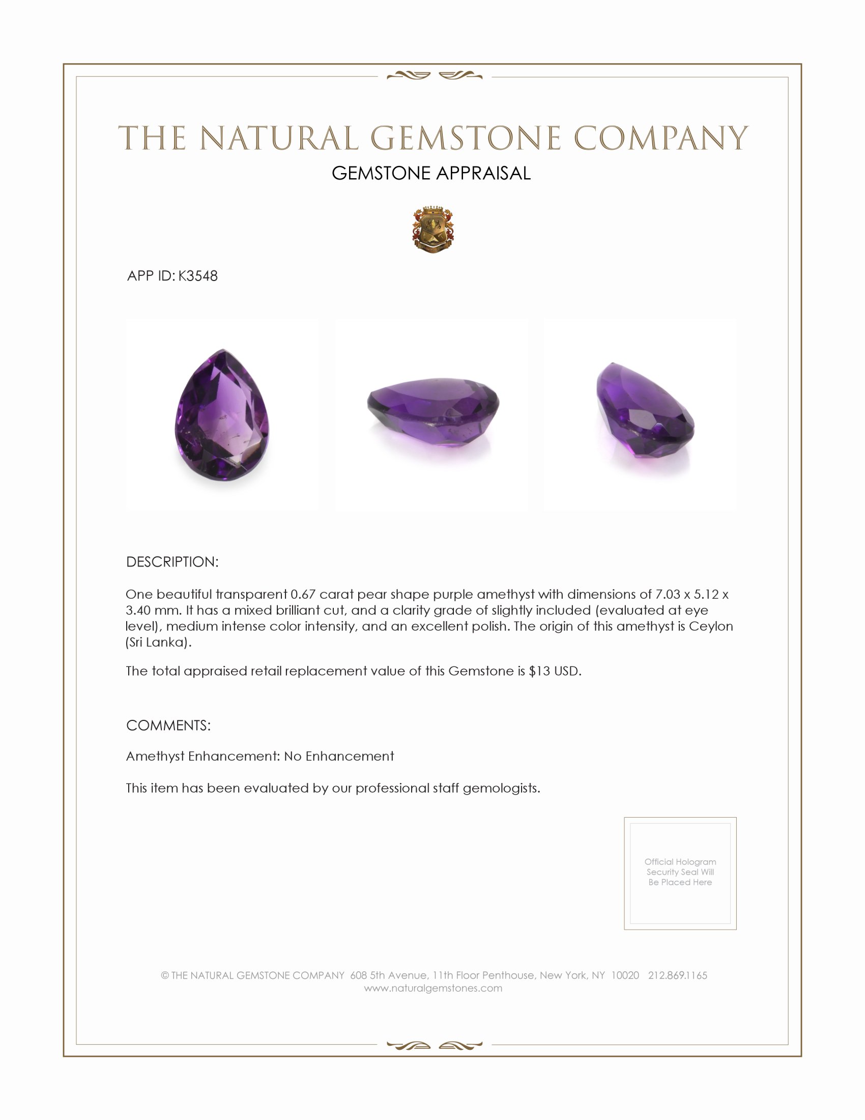 0.67 Ct. Amethyst from Ceylon (Sri Lanka)