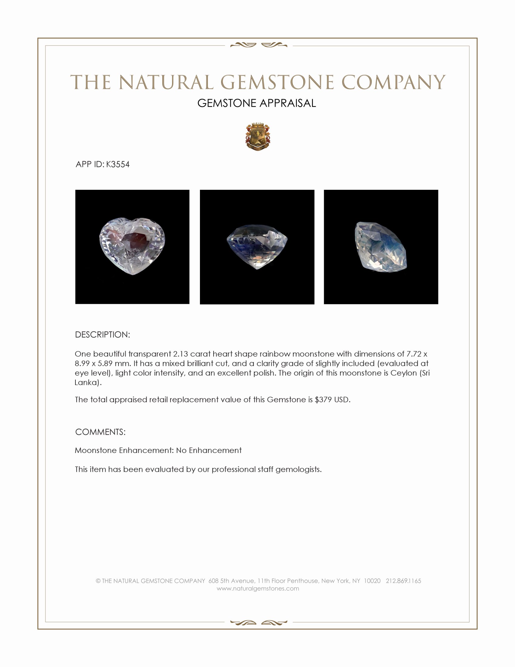 2.13 Ct. Rainbow Moonstone from Ceylon (Sri Lanka)
