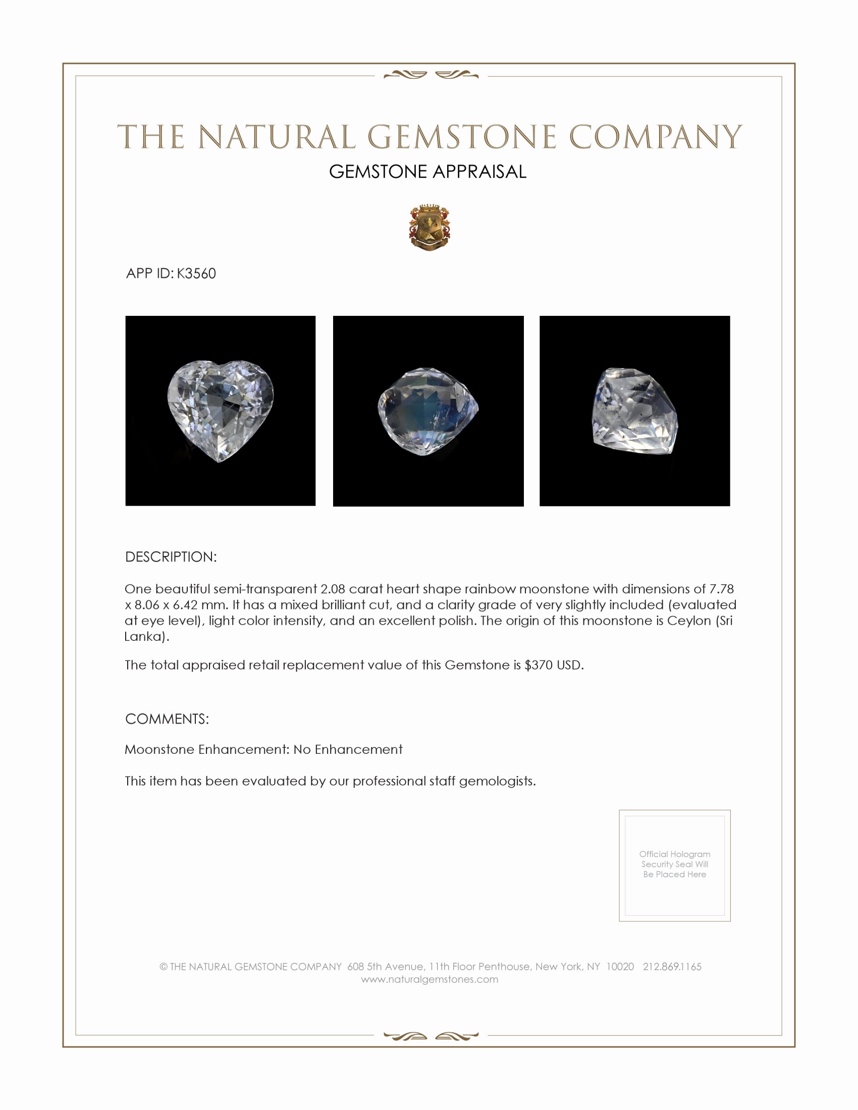 2.08 Ct. Rainbow Moonstone from Ceylon (Sri Lanka)