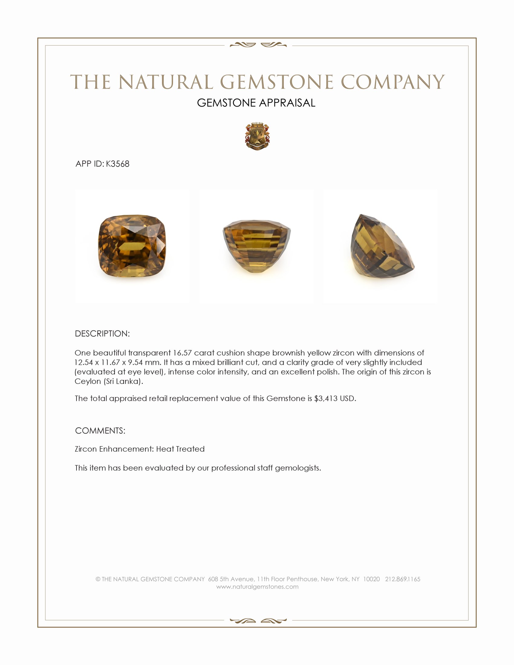 16.57 Ct. Brownish Yellow Zircon from Ceylon (Sri Lanka)