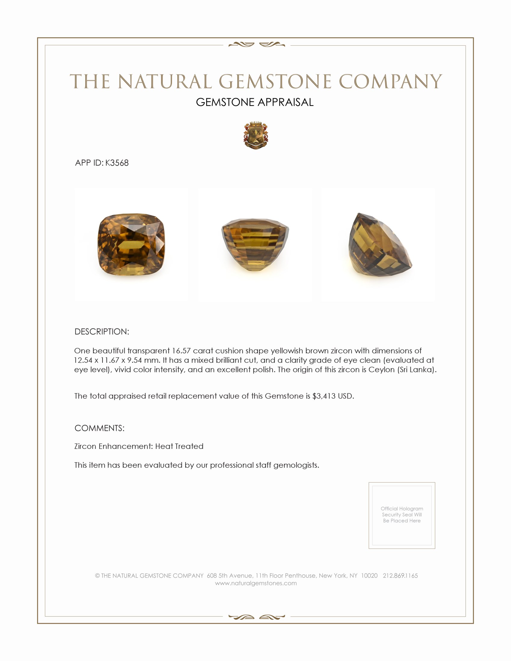 16.57 Ct. Zircon from Ceylon (Sri Lanka)