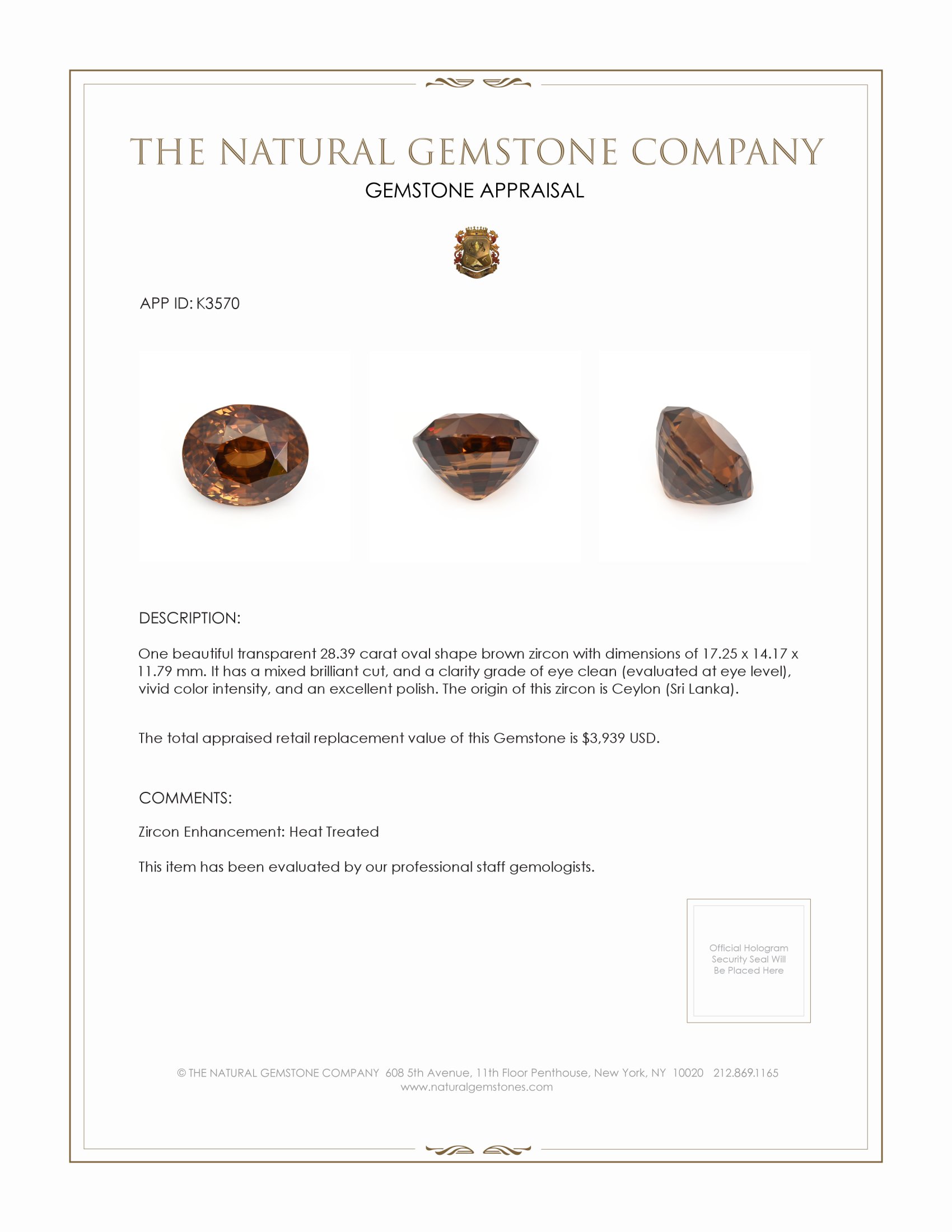 28.39 Ct. Brown Zircon from Ceylon (Sri Lanka)