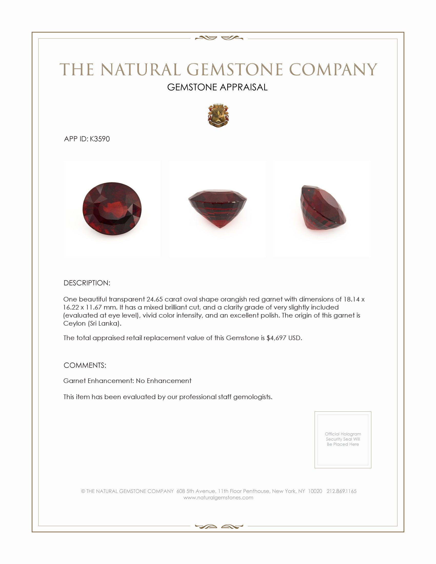 24.65 Ct. Garnet from Ceylon (Sri Lanka)