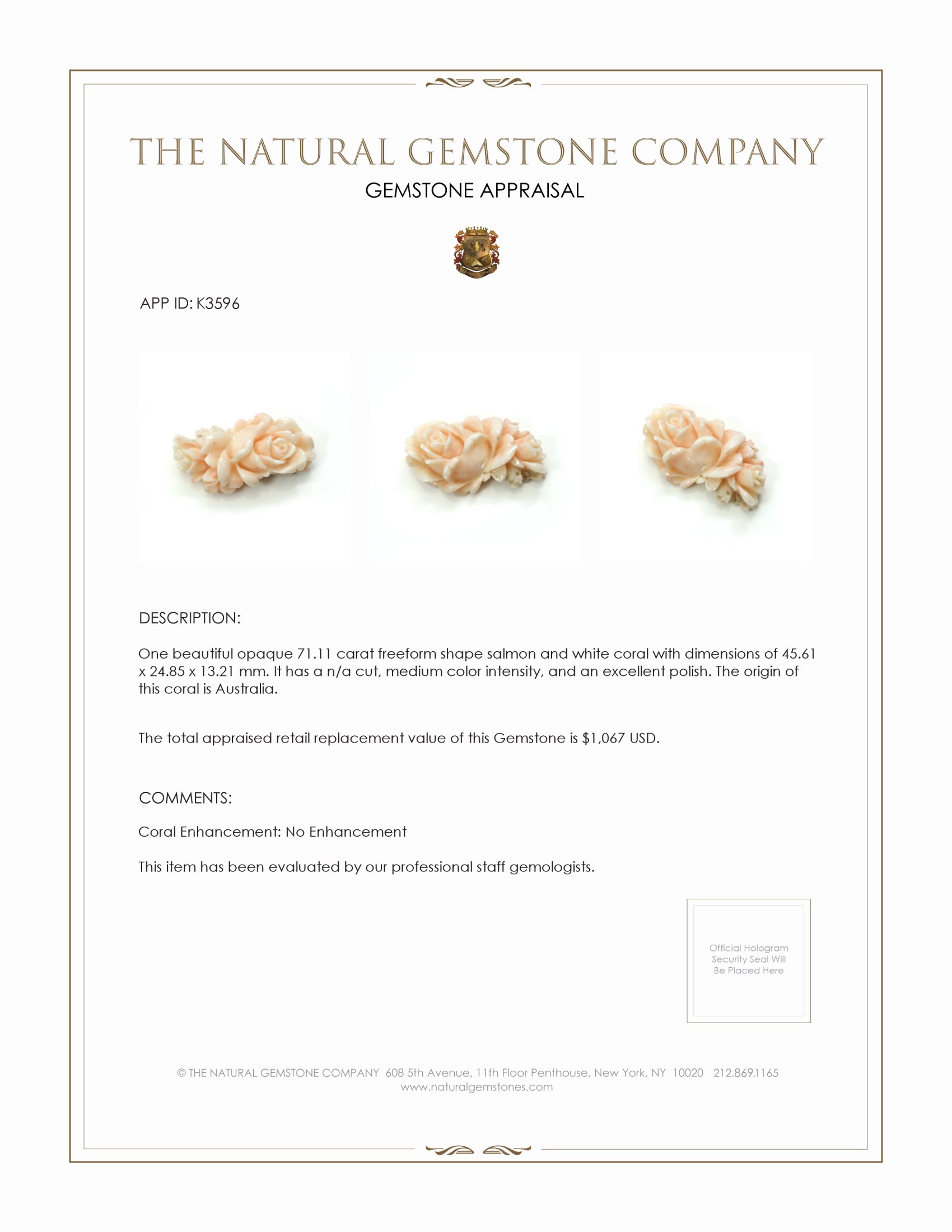 71.11 Ct. Coral from Australia