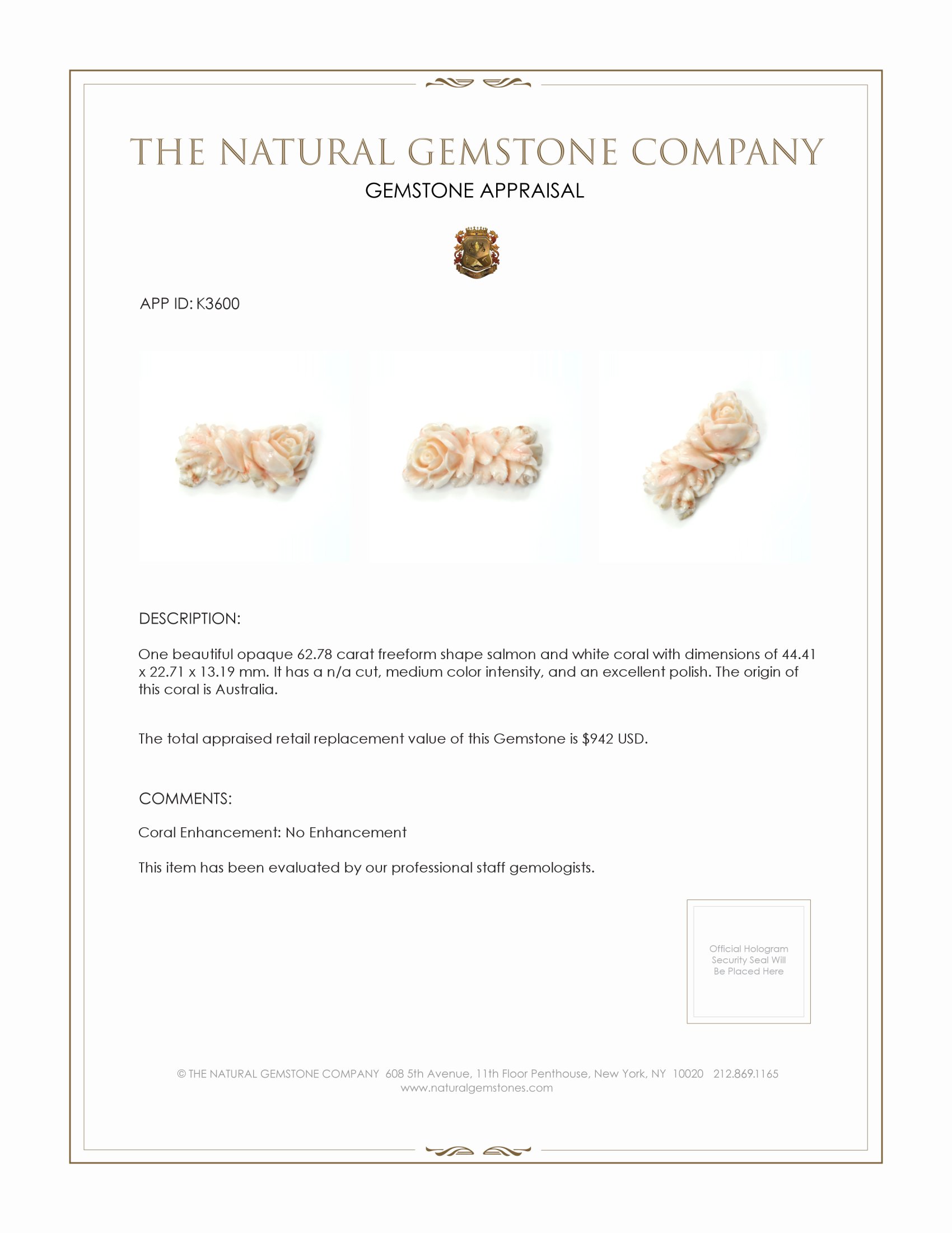 62.78 Ct. Coral from Australia