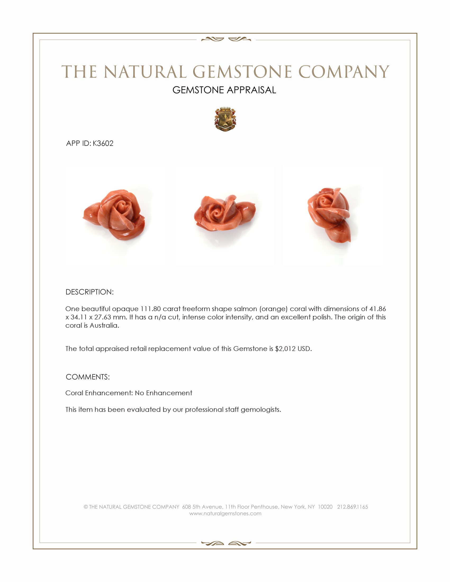 111.80 Ct. Salmon (Orange) Coral from Australia