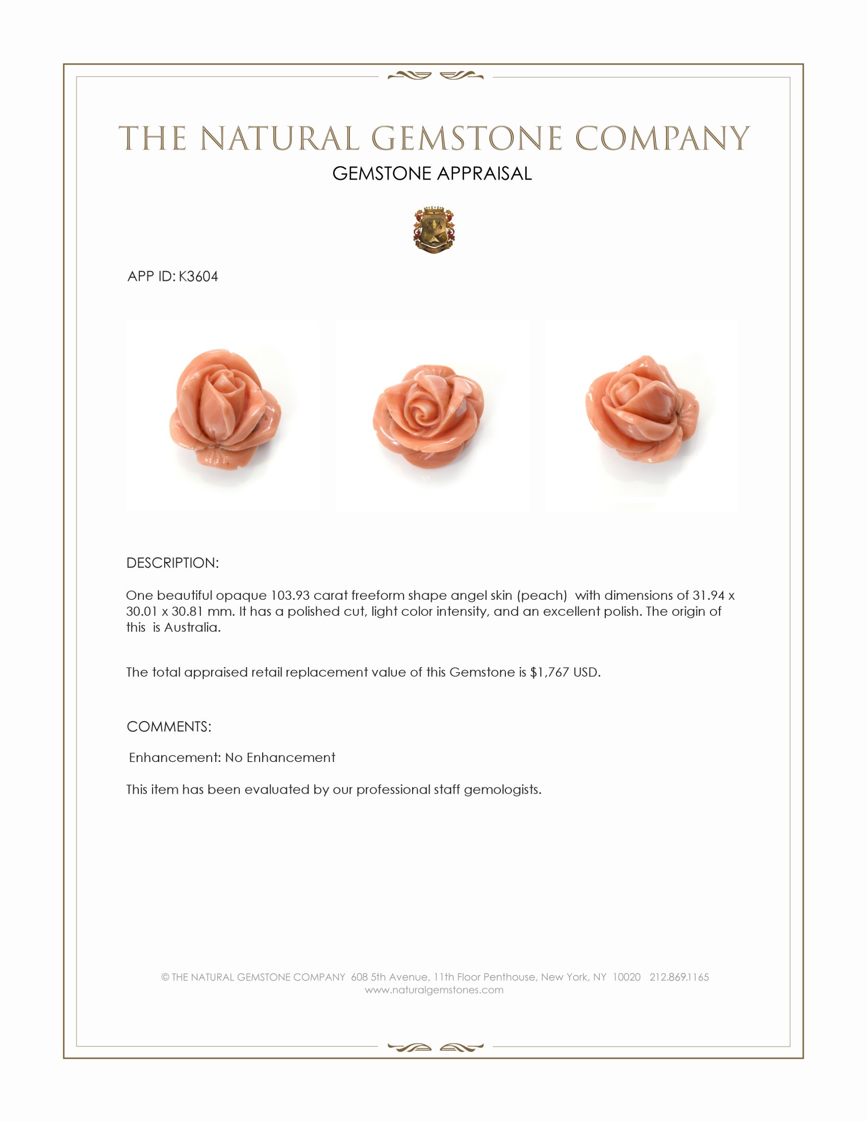 103.93 Ct. Angel Skin (Peach) Coral from Australia