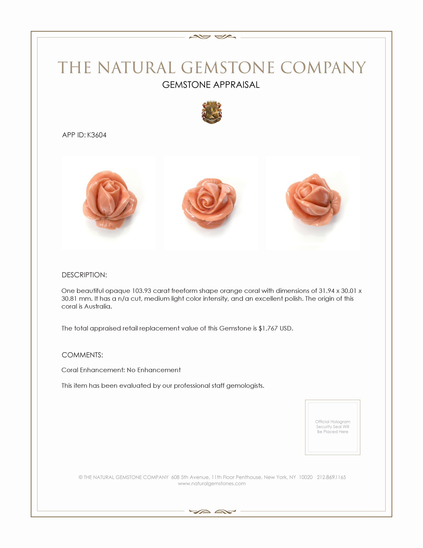 103.93 Ct. Coral from Australia