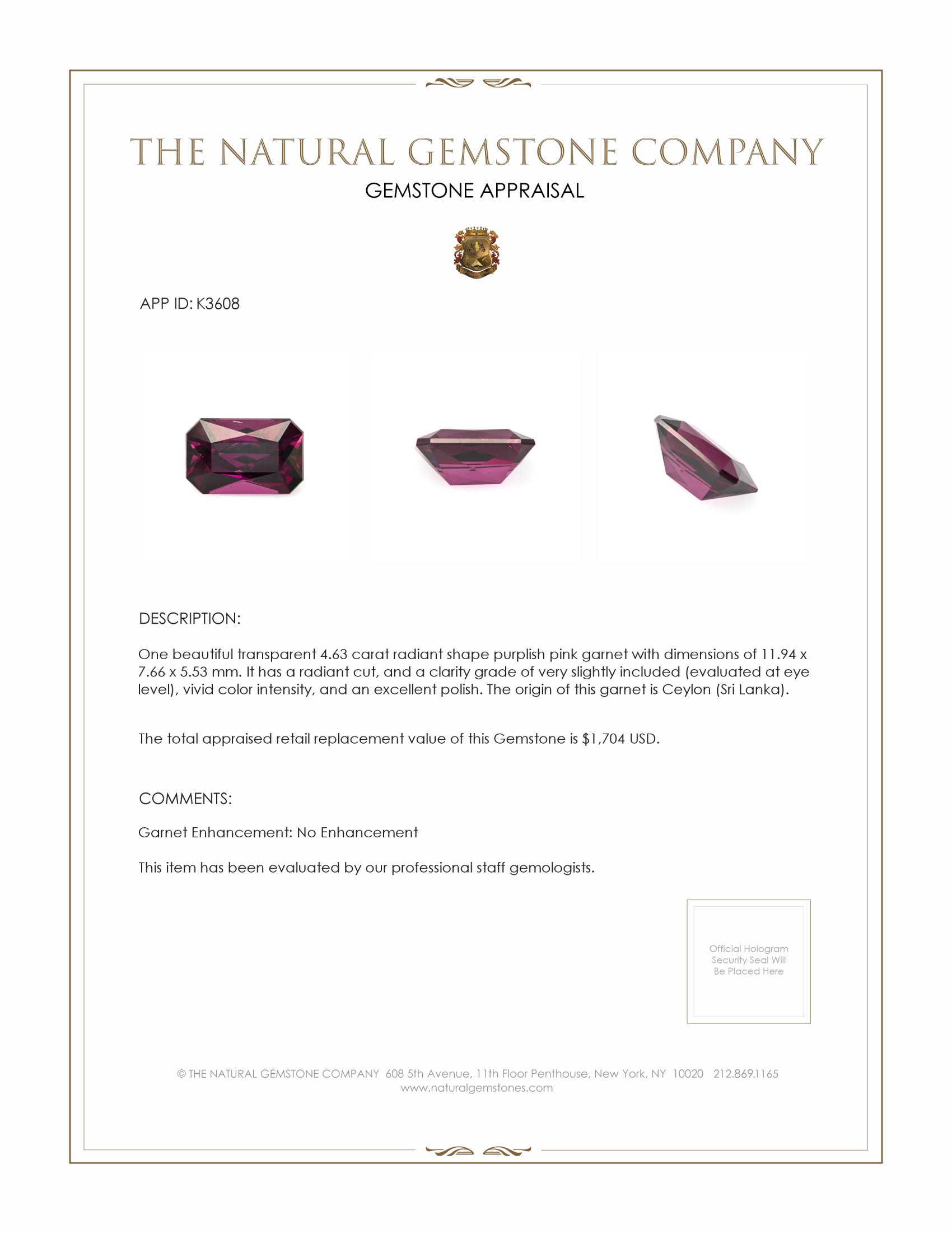 4.63 Ct. Purplish Pink Garnet from Ceylon (Sri Lanka)