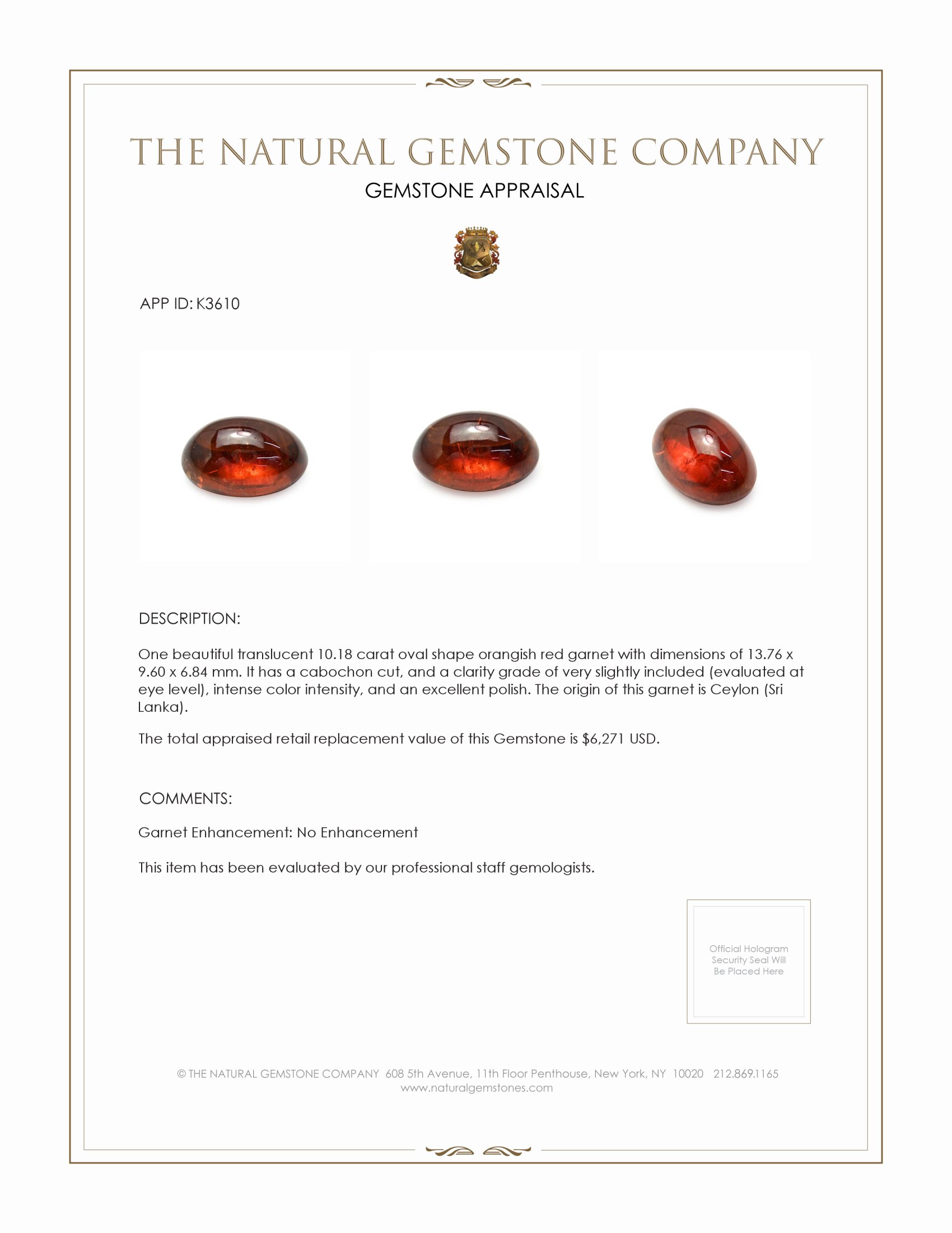 10.18 Ct. Cabochon Garnet from Ceylon (Sri Lanka)