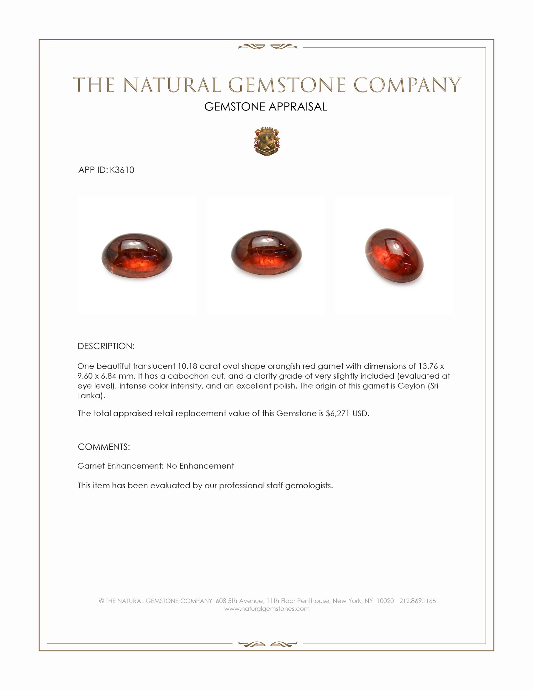 10.18 Ct. Orangish Red Cabochon Garnet from Ceylon (Sri Lanka)