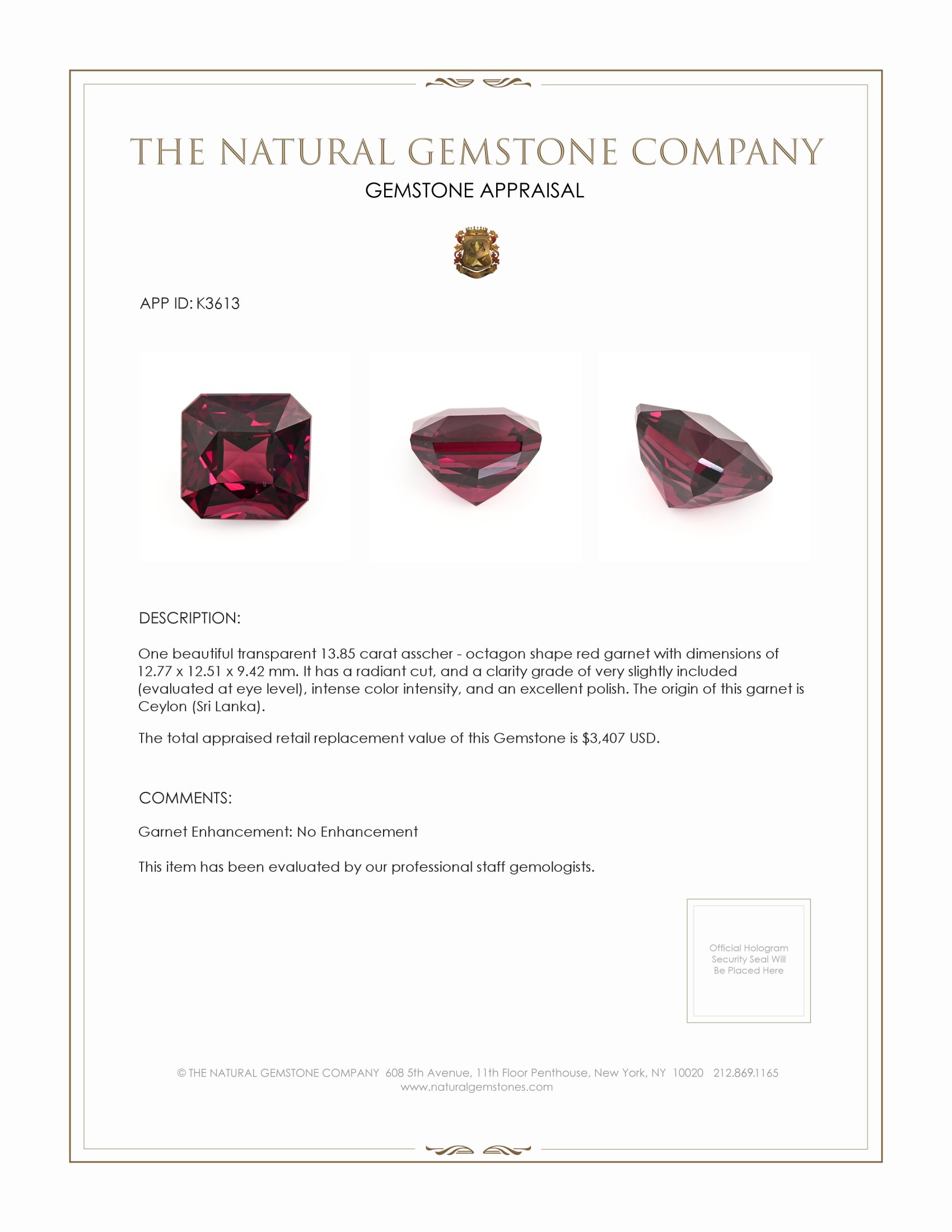13.85 Ct. Red Garnet from Ceylon (Sri Lanka)