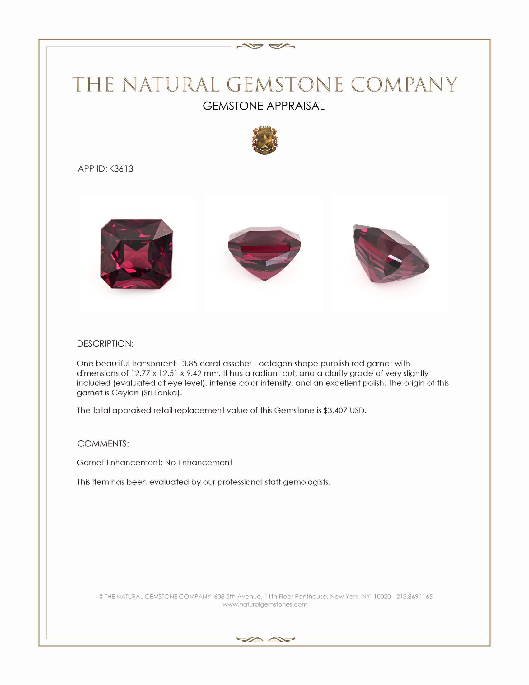 13.85 Ct. Purplish Red Garnet from Ceylon (Sri Lanka)