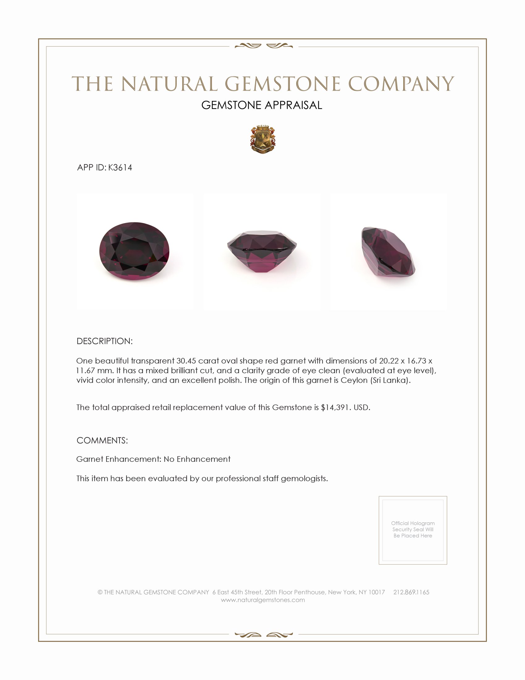 30.45 Ct. Garnet from Ceylon (Sri Lanka)