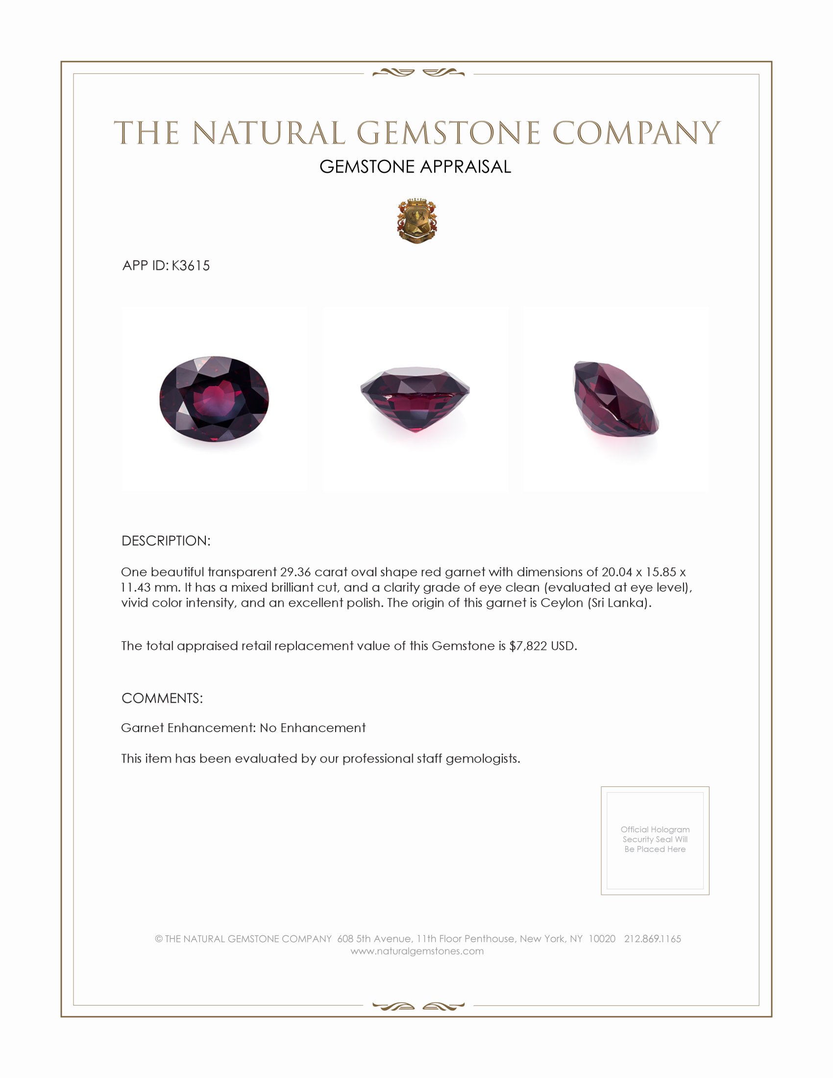 29.36 Ct. Purplish Red Garnet from Ceylon (Sri Lanka)