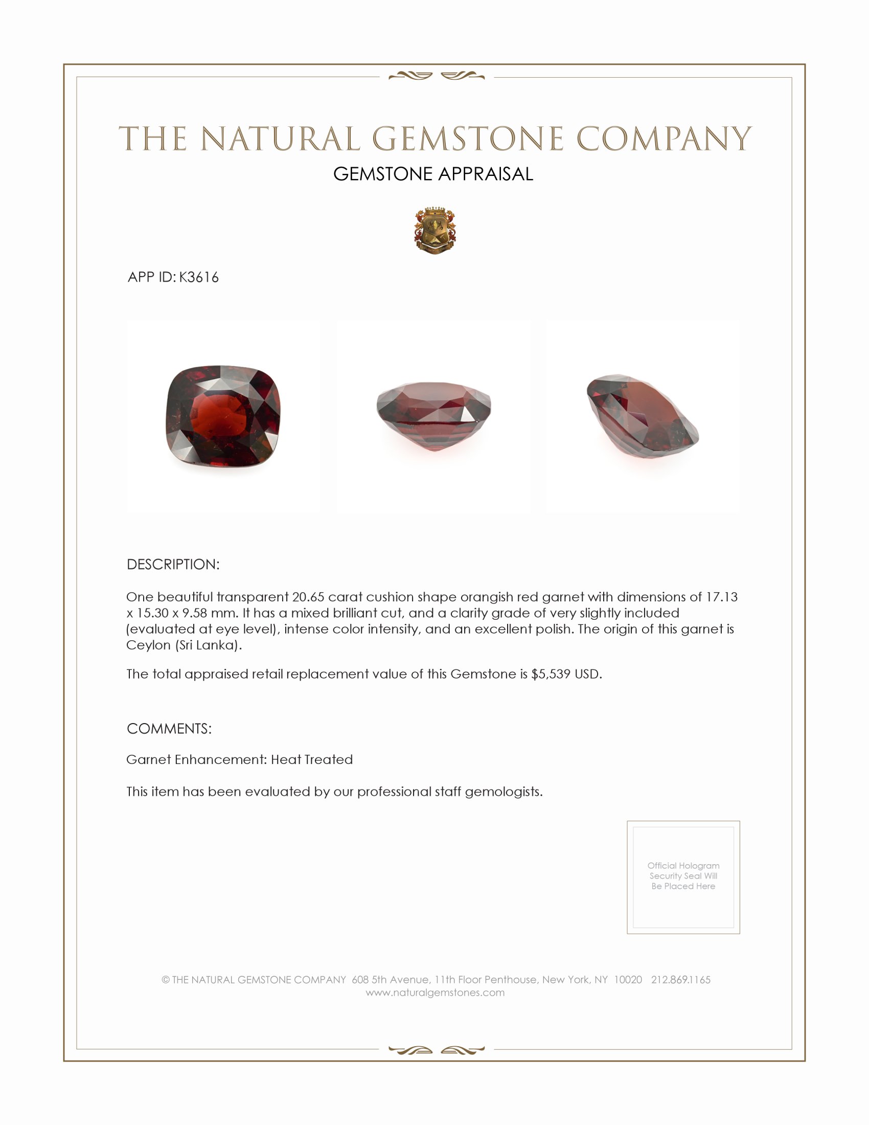 20.65 Ct. Orangish Red Garnet from Ceylon (Sri Lanka)