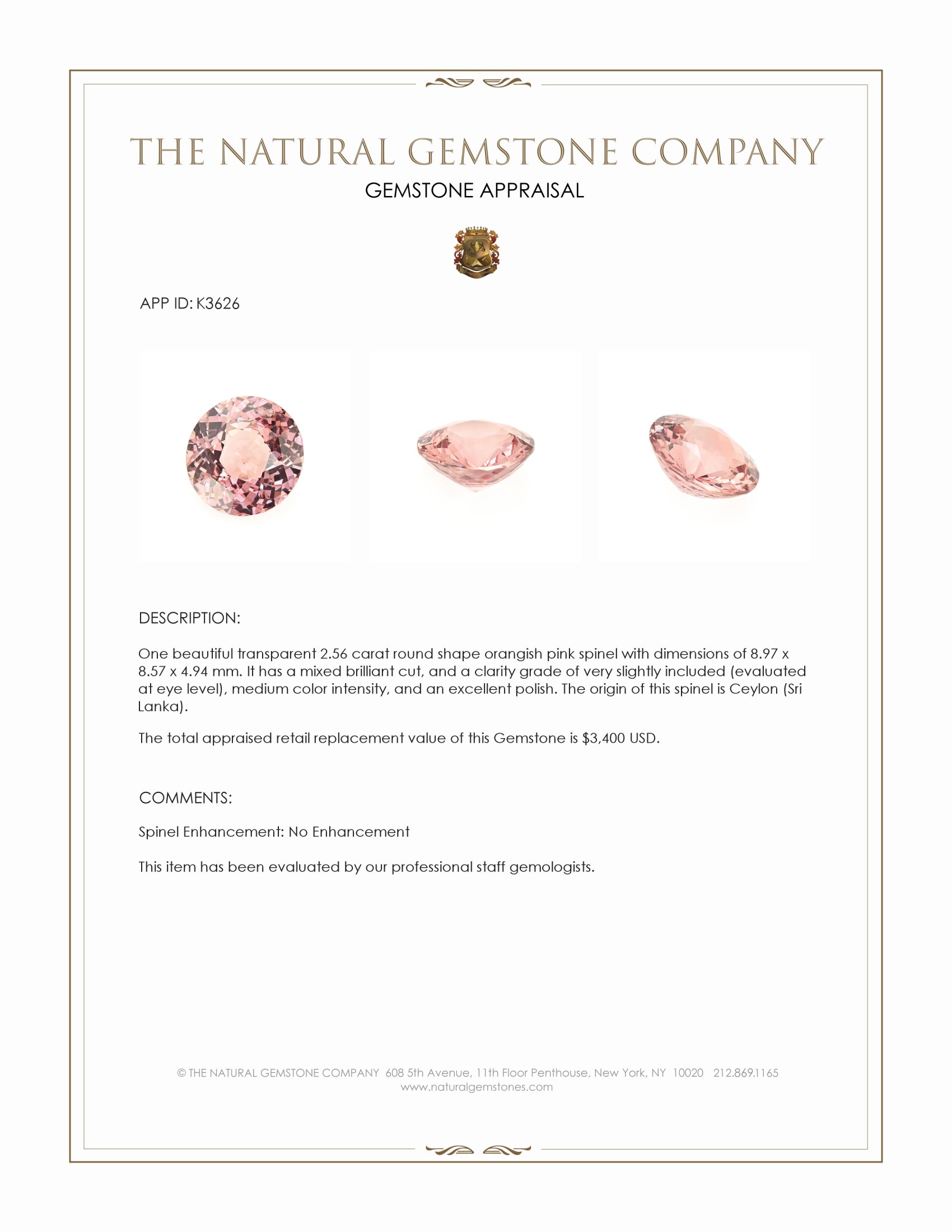 2.56 Ct. Orangish Pink Spinel from Ceylon (Sri Lanka)