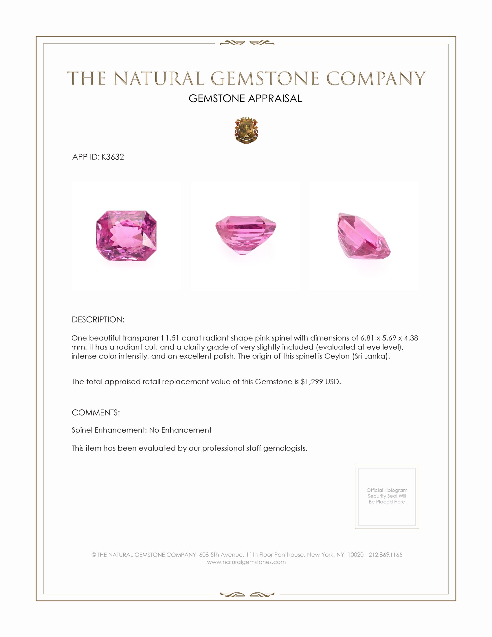 1.51 Ct. Pink Spinel from Ceylon (Sri Lanka)