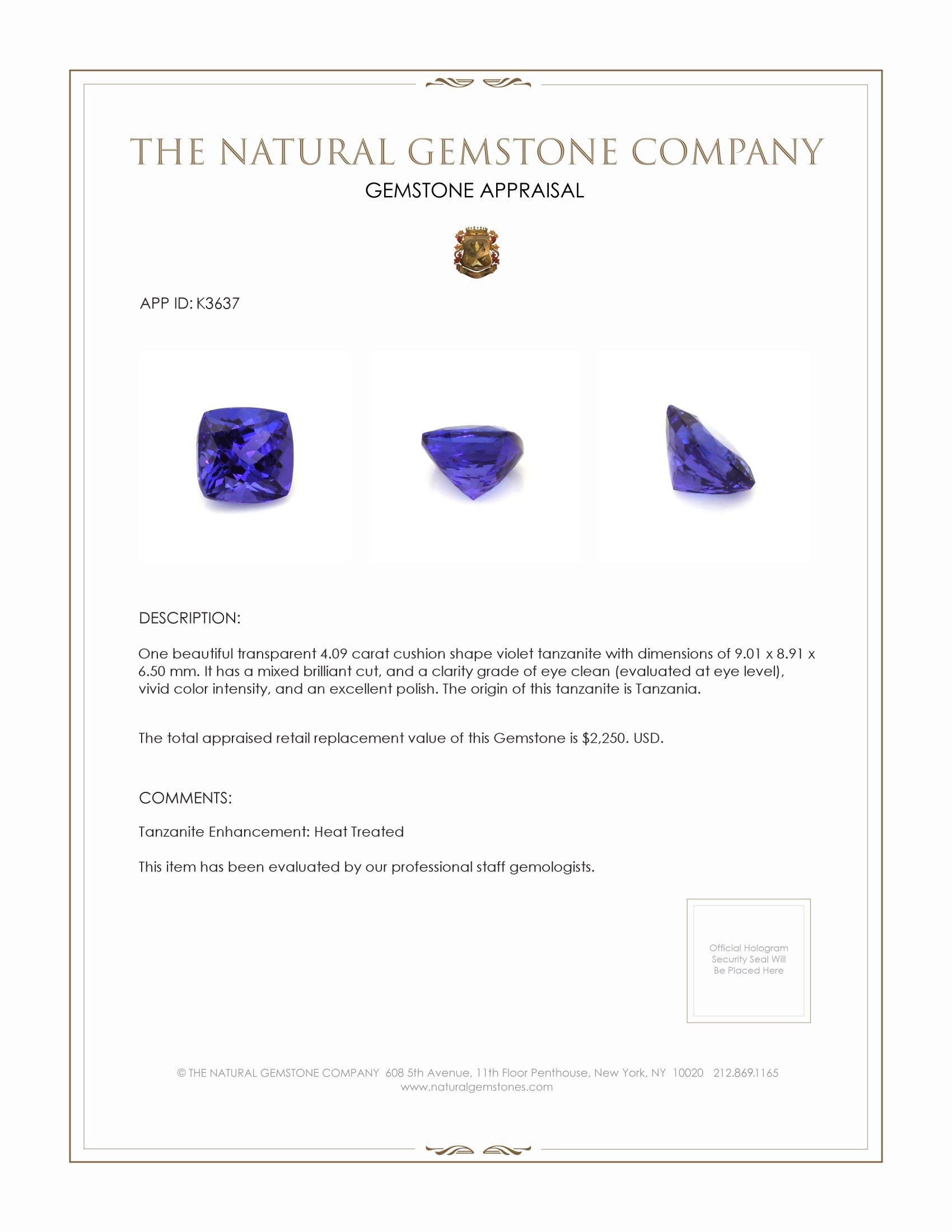4.09 Ct. Tanzanite from Tanzania
