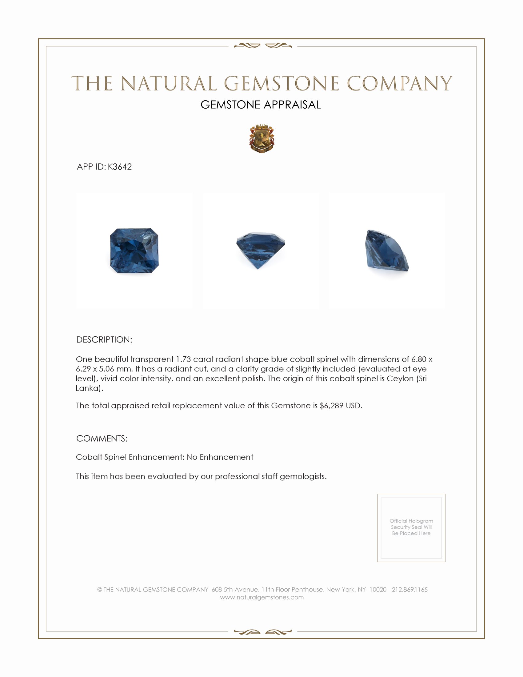 1.73 Ct. Cobalt Spinel from Ceylon (Sri Lanka)