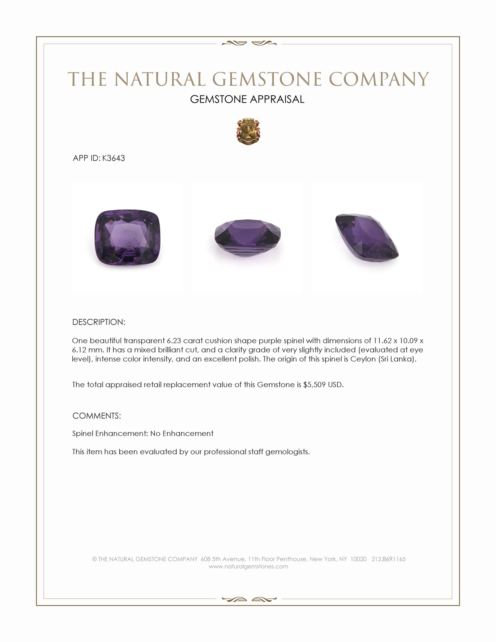 6.23 Ct. Purple Spinel from Ceylon (Sri Lanka)