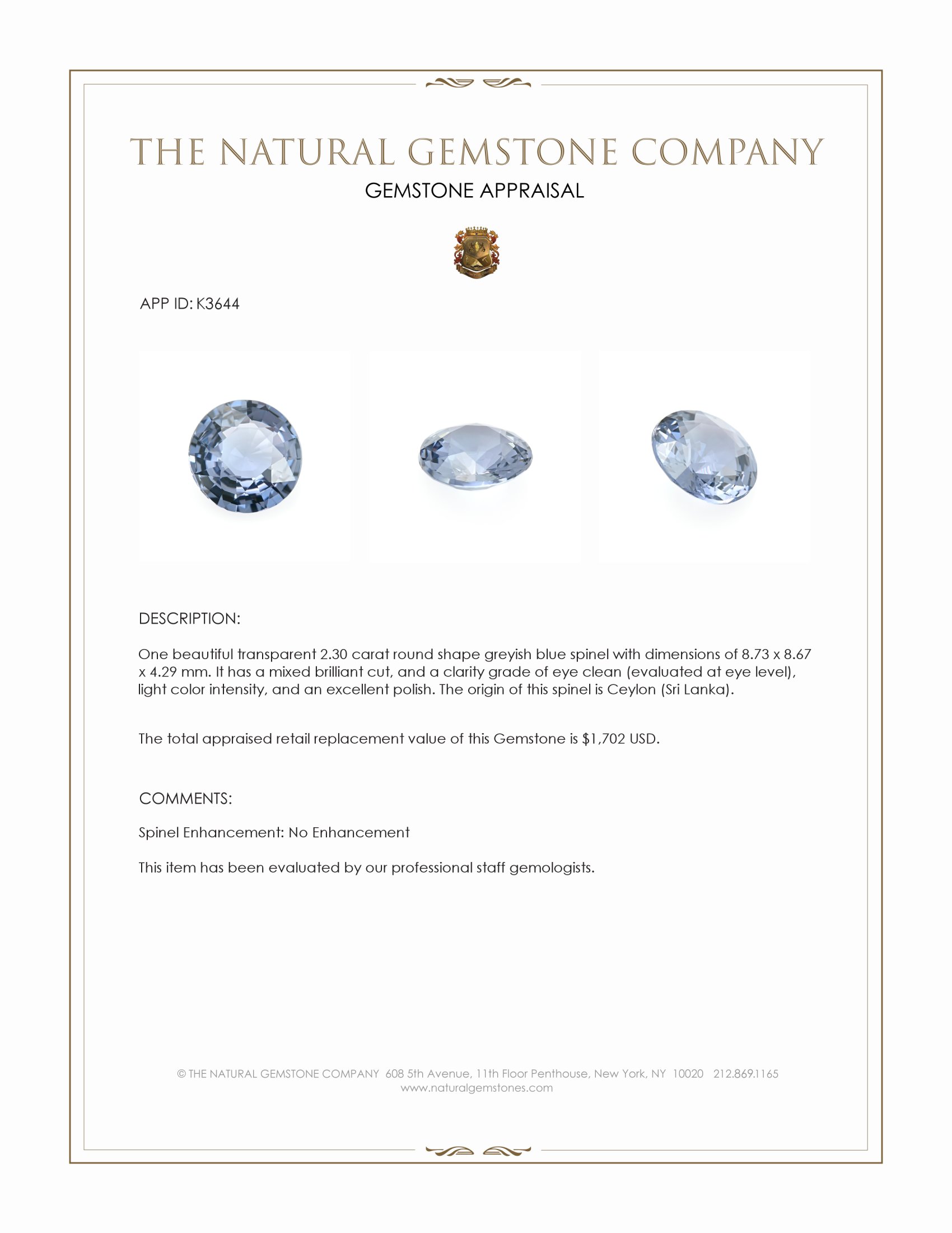 2.30 Ct. Greenish Blue Spinel from Ceylon (Sri Lanka)