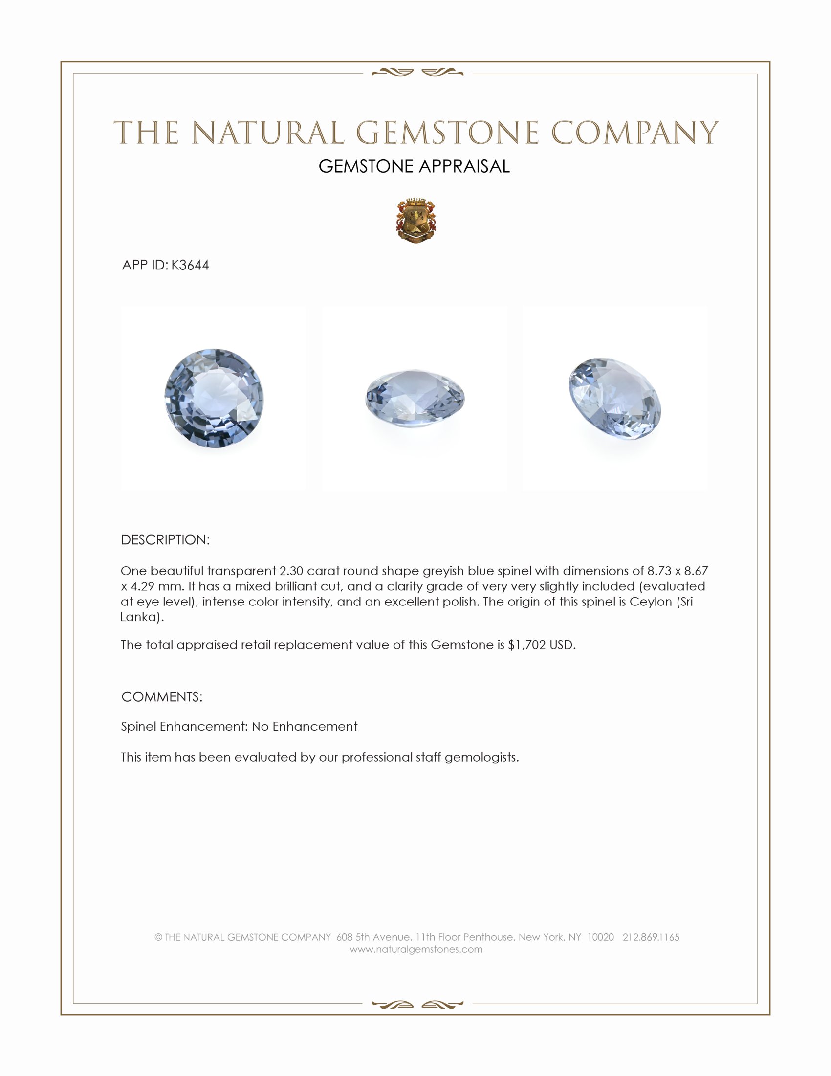 2.30 Ct. Greyish Blue Spinel from Ceylon (Sri Lanka)
