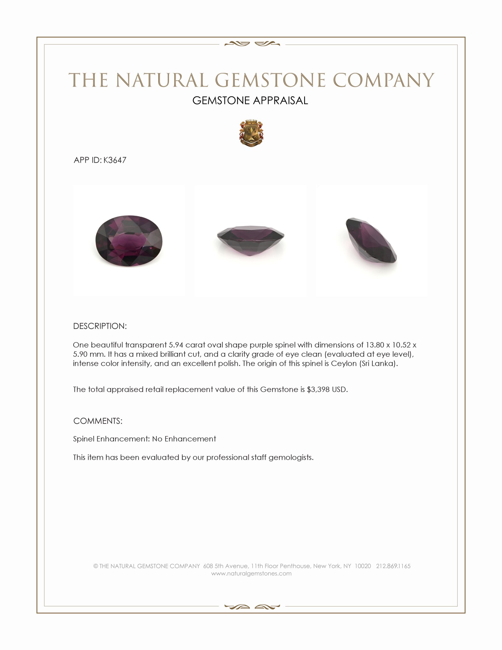 5.94 Ct. Purple Spinel from Ceylon (Sri Lanka)