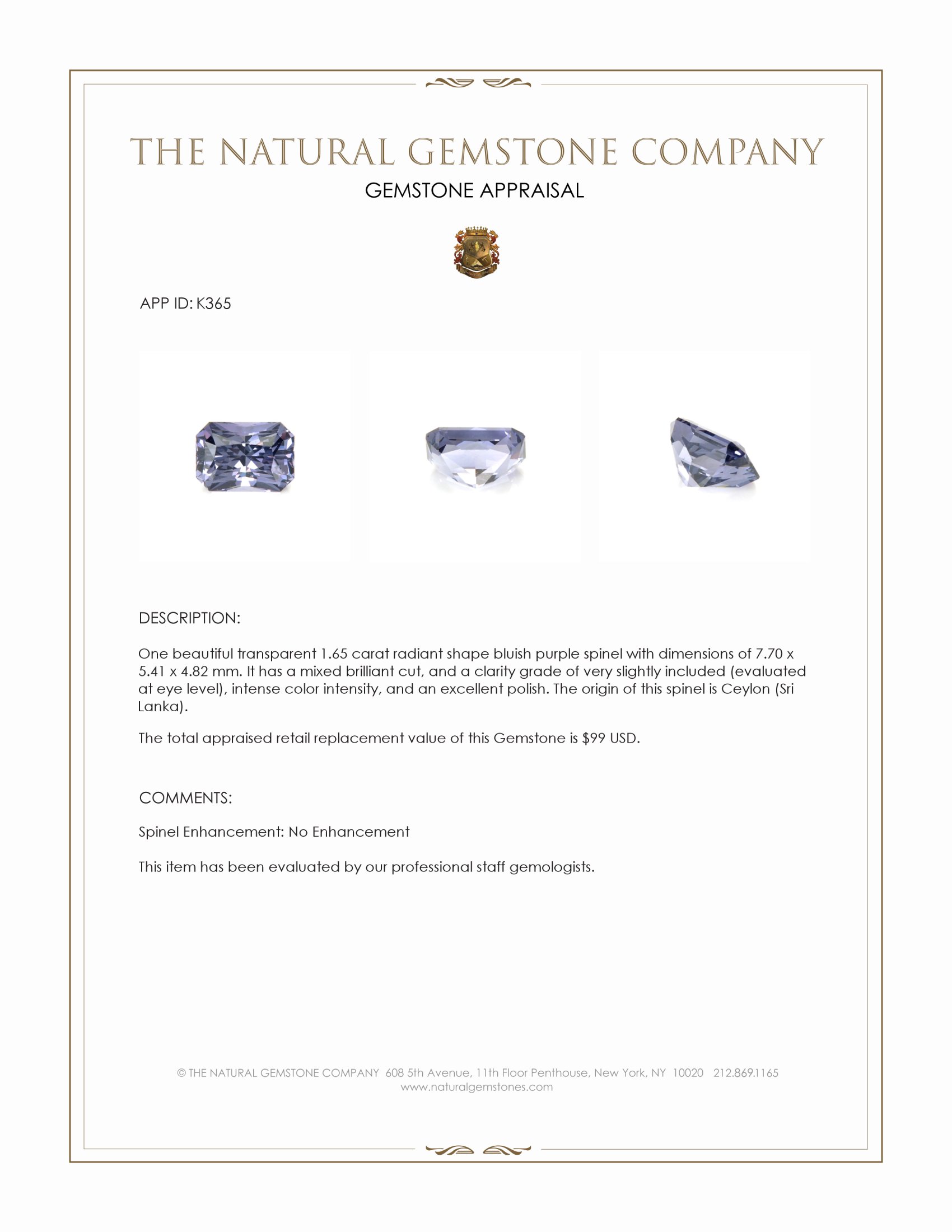 1.65 Ct. Spinel from Ceylon (Sri Lanka)