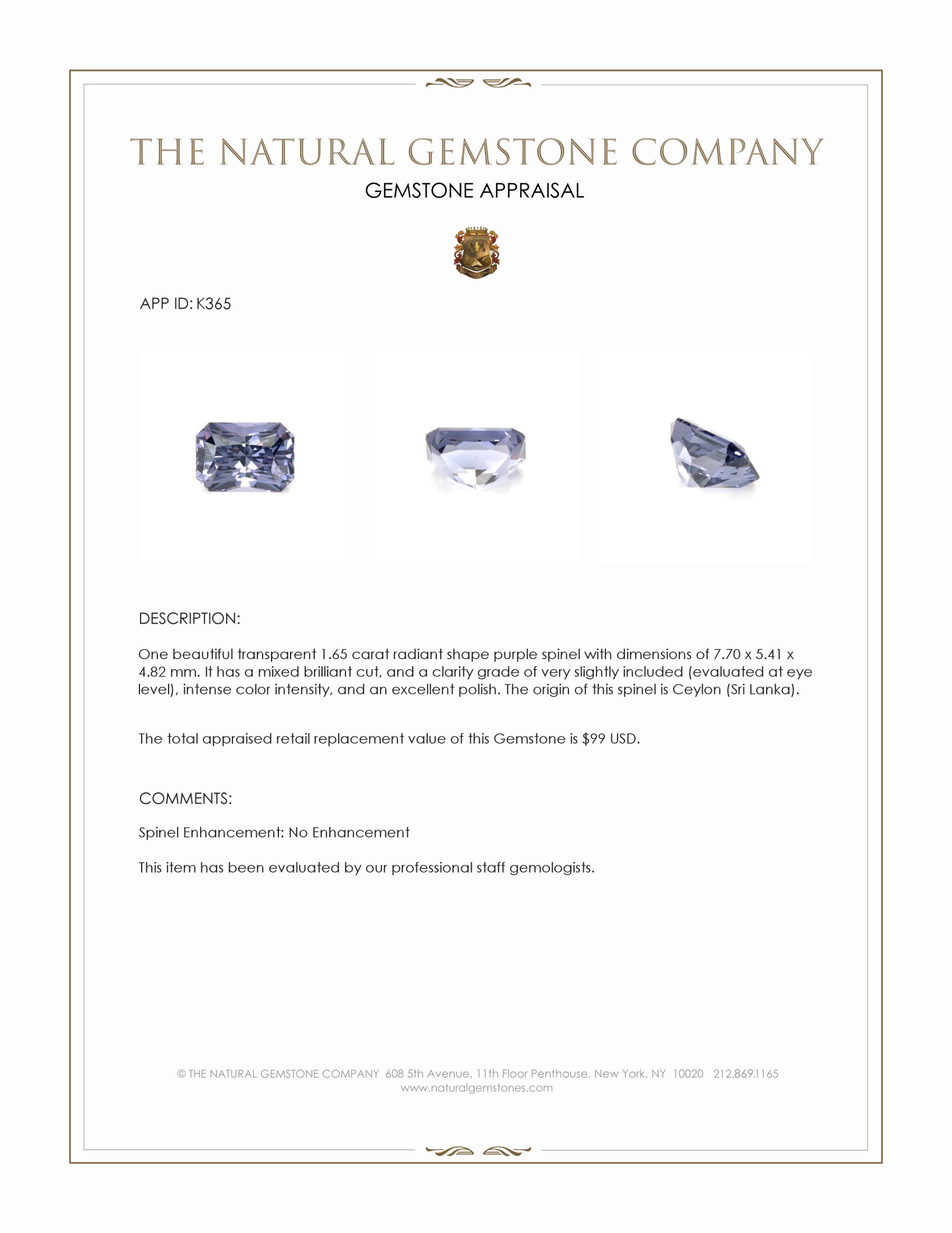 1.65 Ct. Spinel from Ceylon (Sri Lanka)