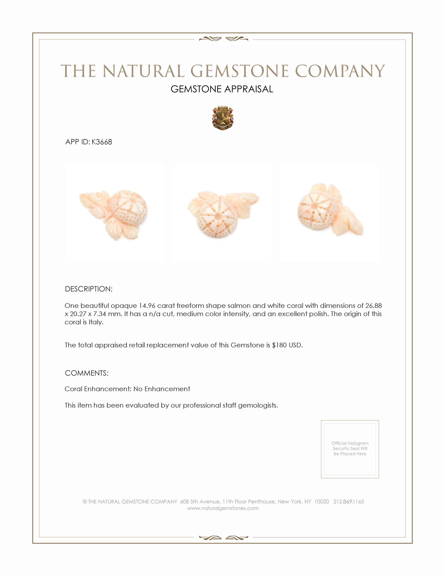 14.96 Ct. Coral from Italy