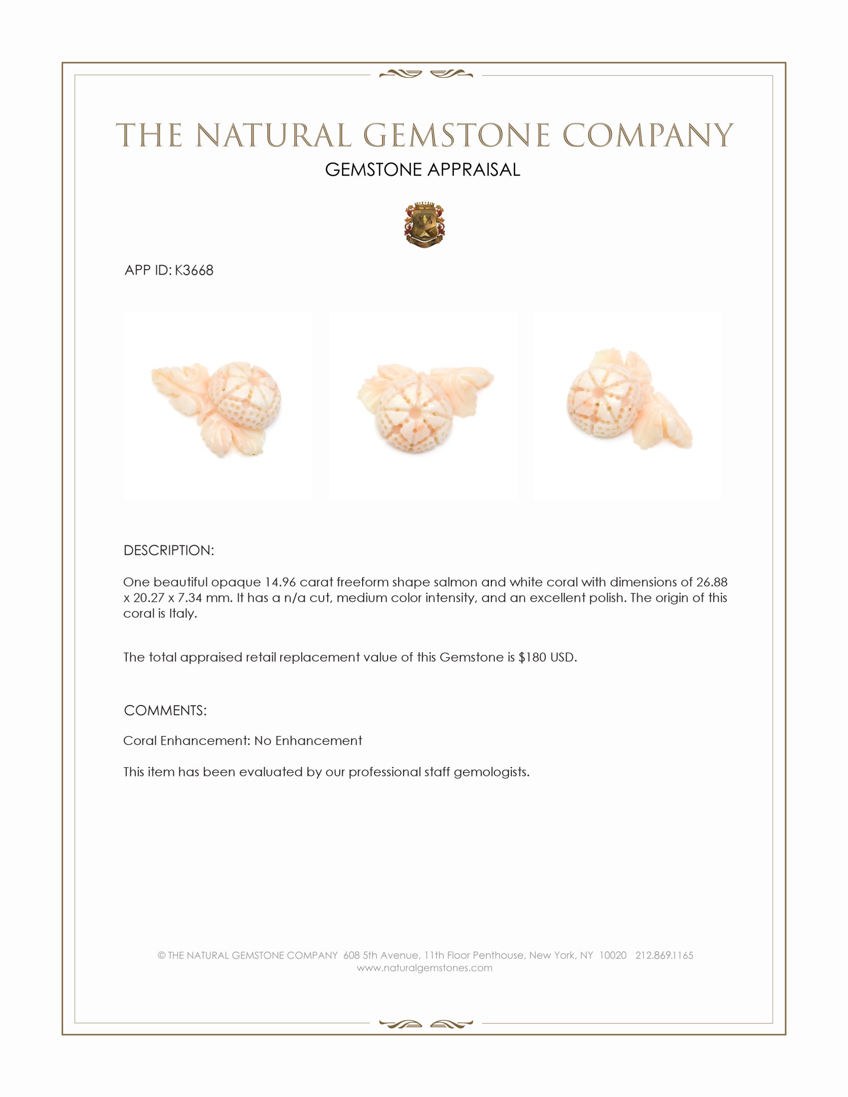 14.96 Ct. Coral from Italy