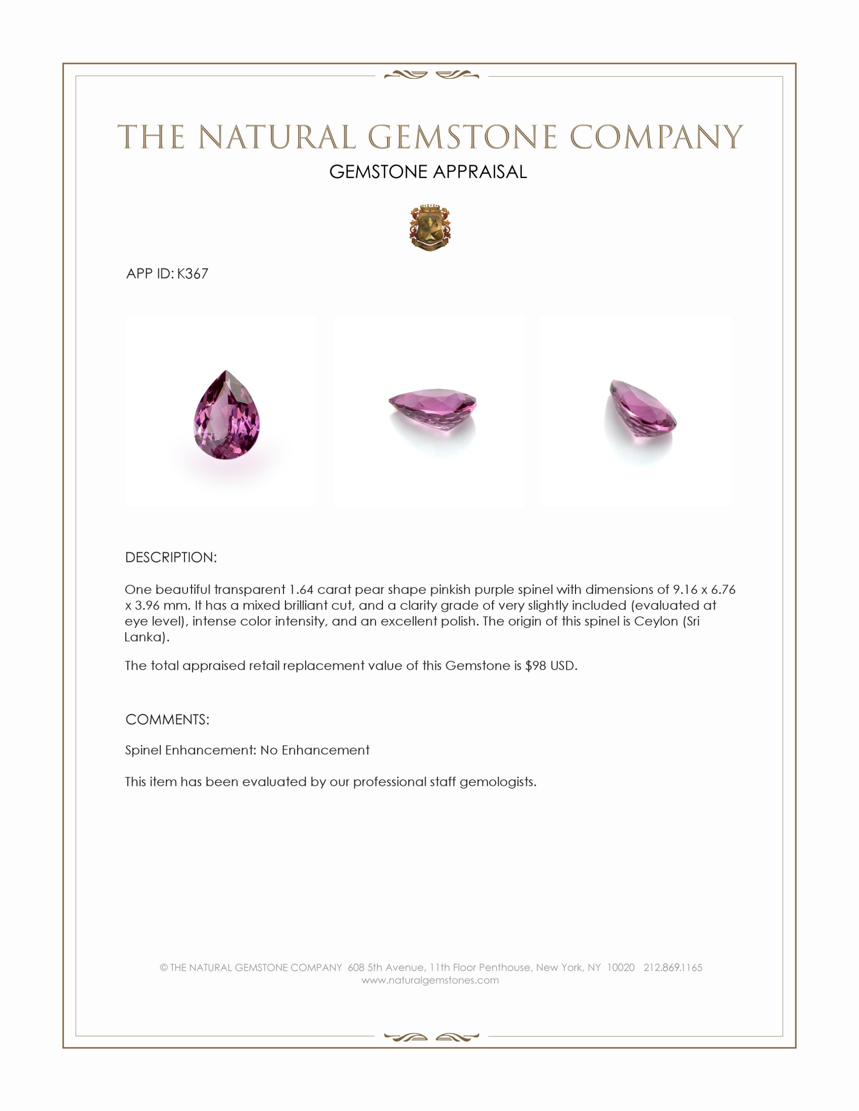 1.64 Ct. Spinel from Ceylon (Sri Lanka)