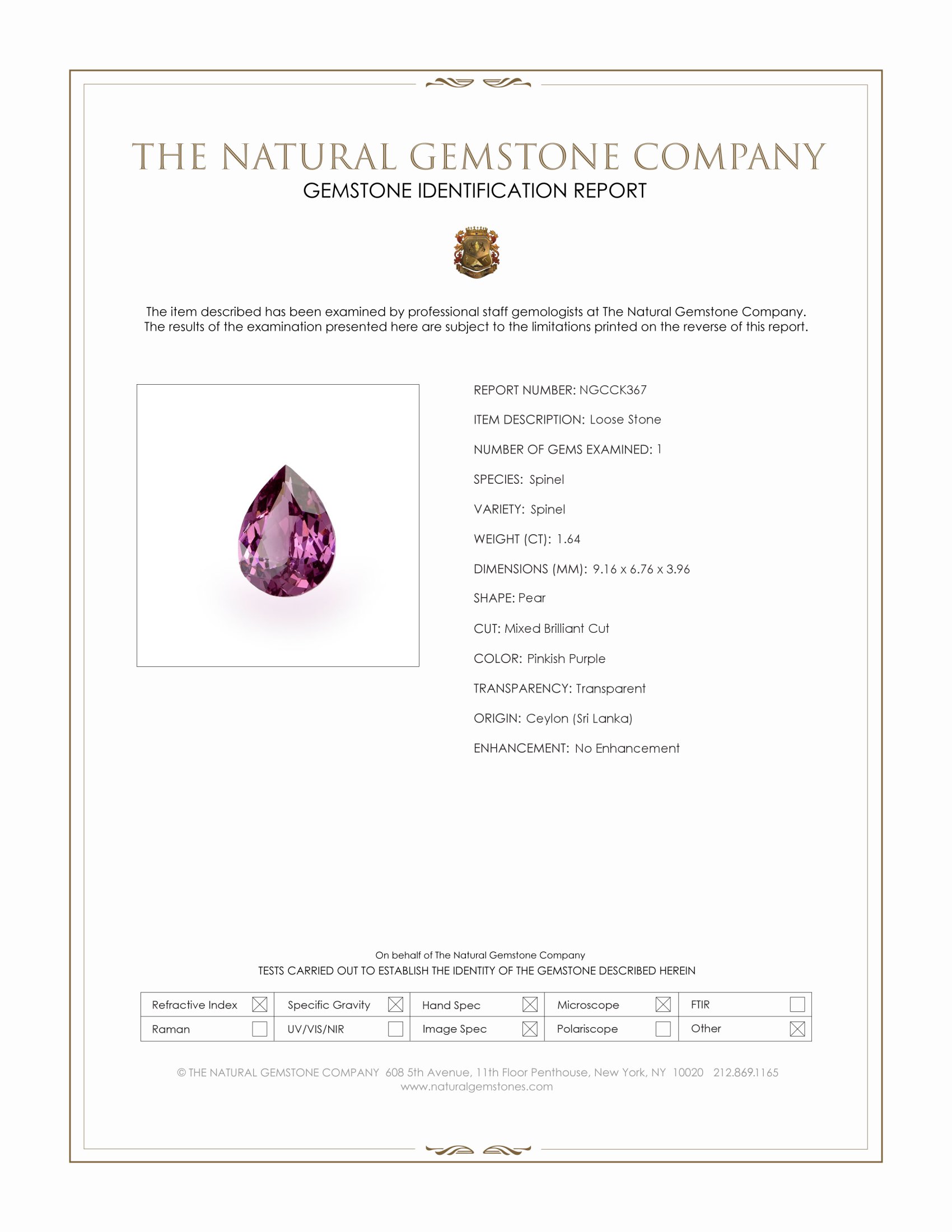 1.64 Ct. Pinkish Purple Spinel from Ceylon (Sri Lanka)