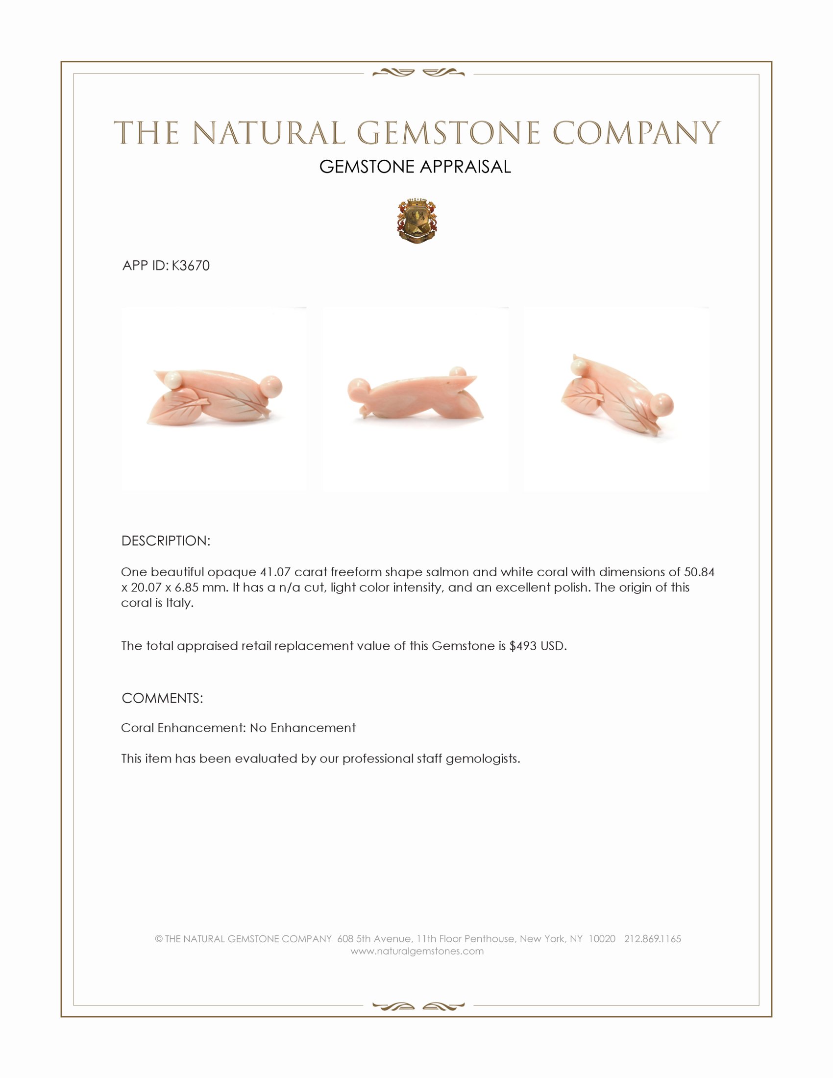 41.07 Ct. Salmon and White Coral from Italy