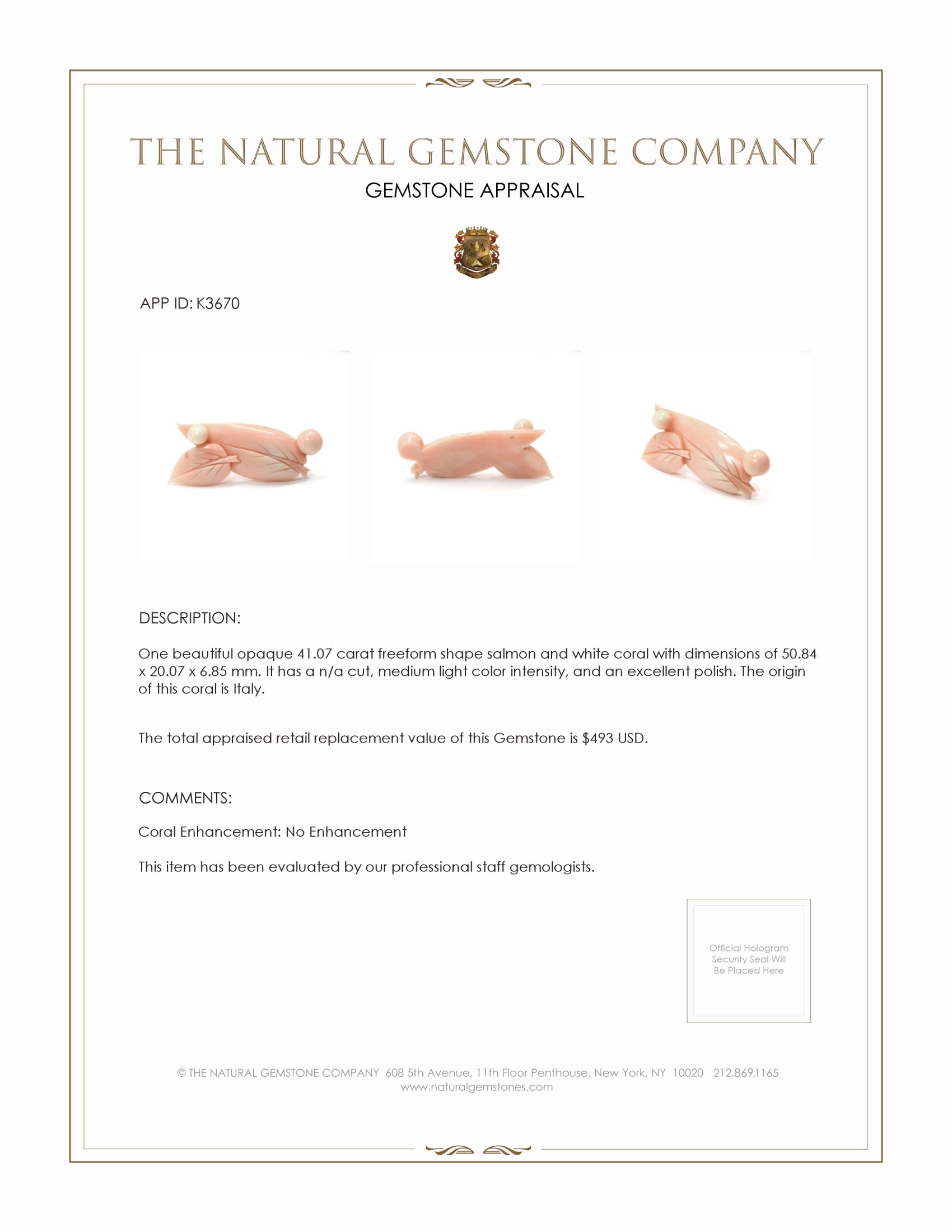 41.07 Ct. Coral from Italy