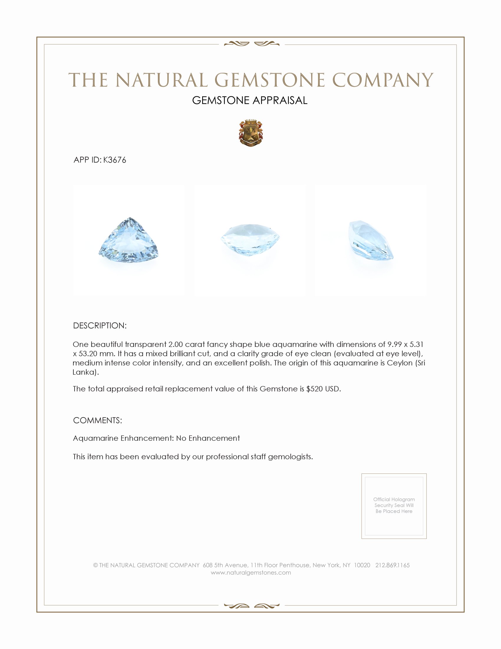 2.00 Ct. Aquamarine from Ceylon (Sri Lanka)