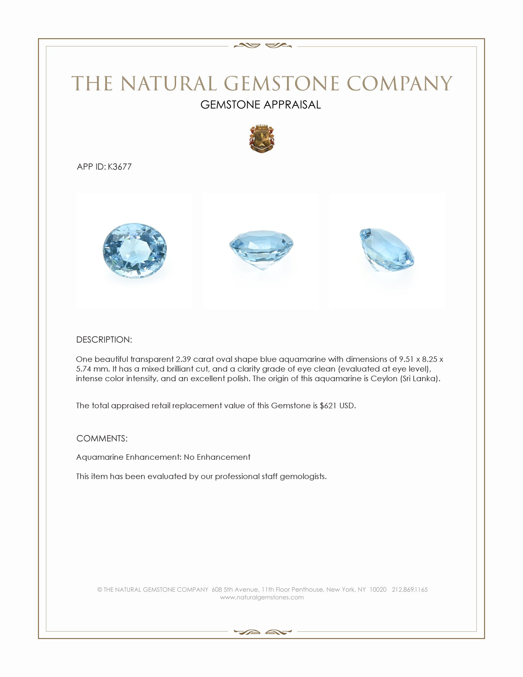 2.39 Ct. Blue Aquamarine from Ceylon (Sri Lanka)