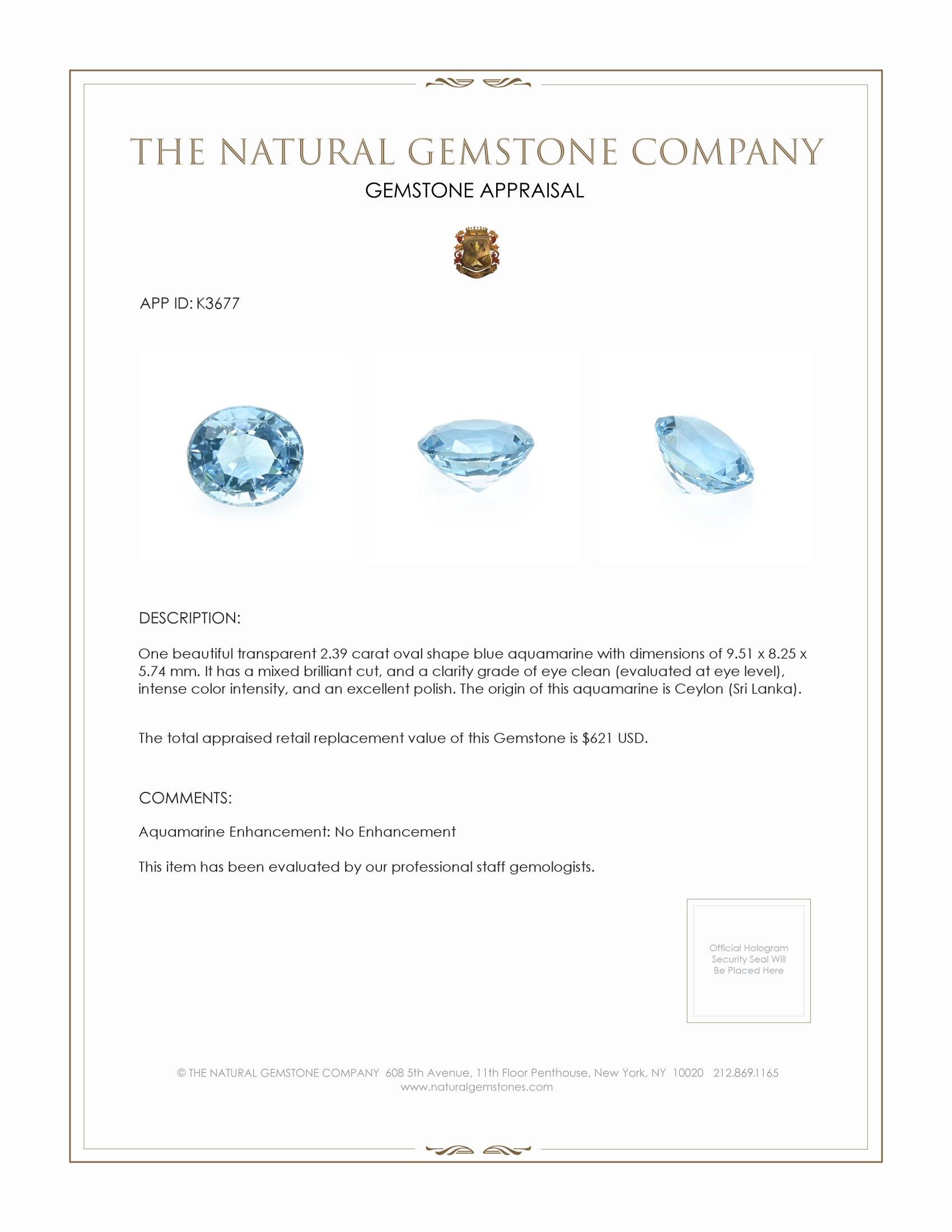 2.39 Ct. Aquamarine from Ceylon (Sri Lanka)