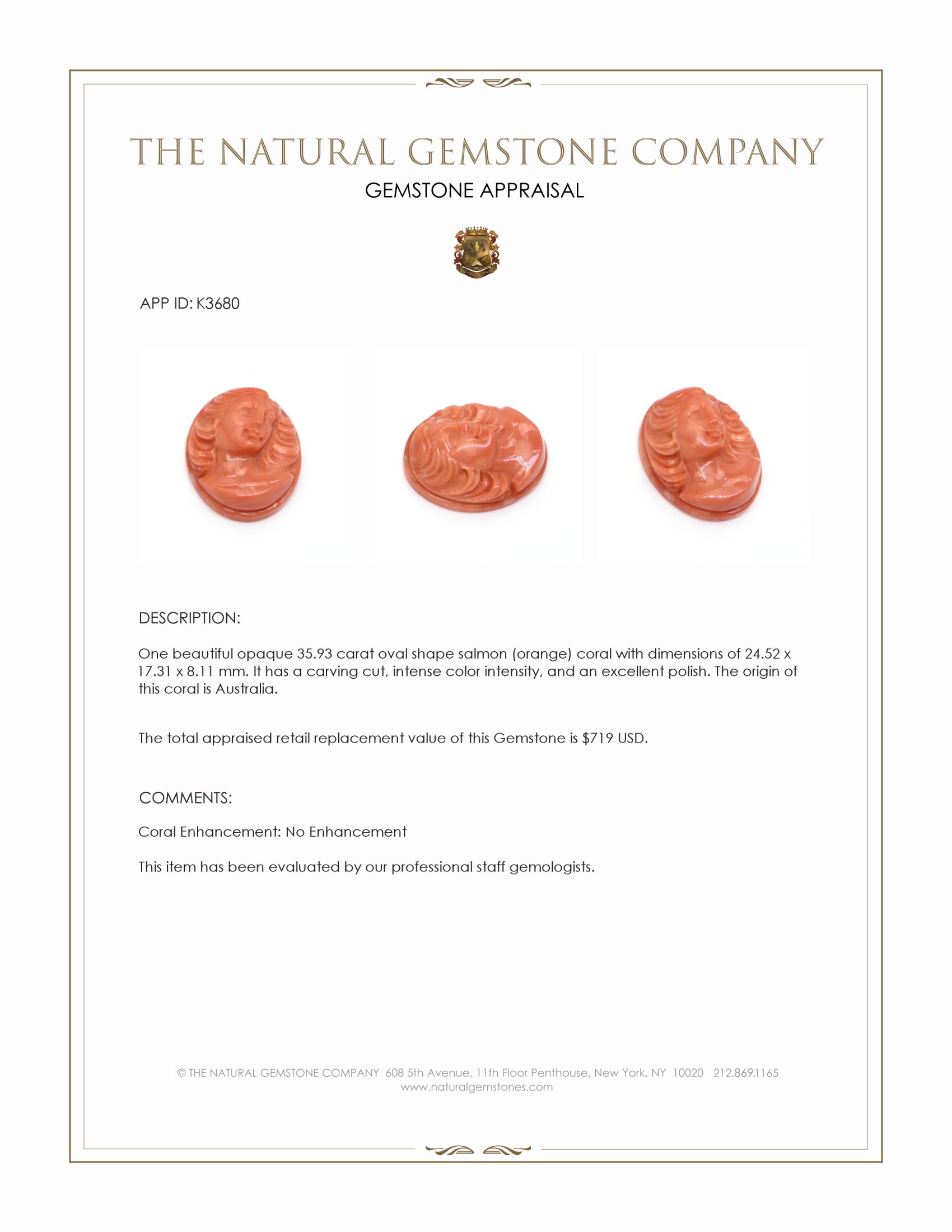 35.93 Ct. Salmon (Orange) Coral from Australia
