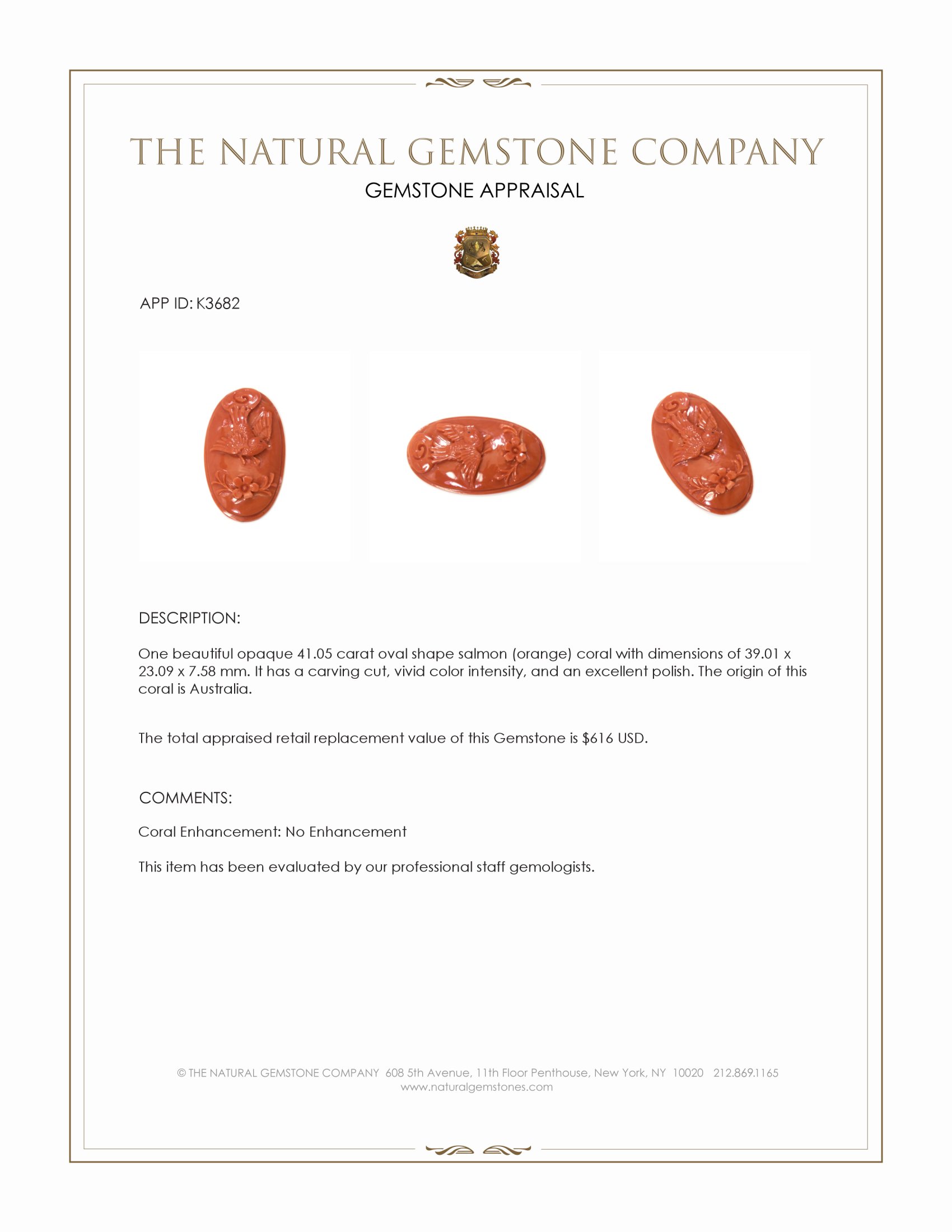 41.05 Ct. Salmon (Orange) Coral from Australia