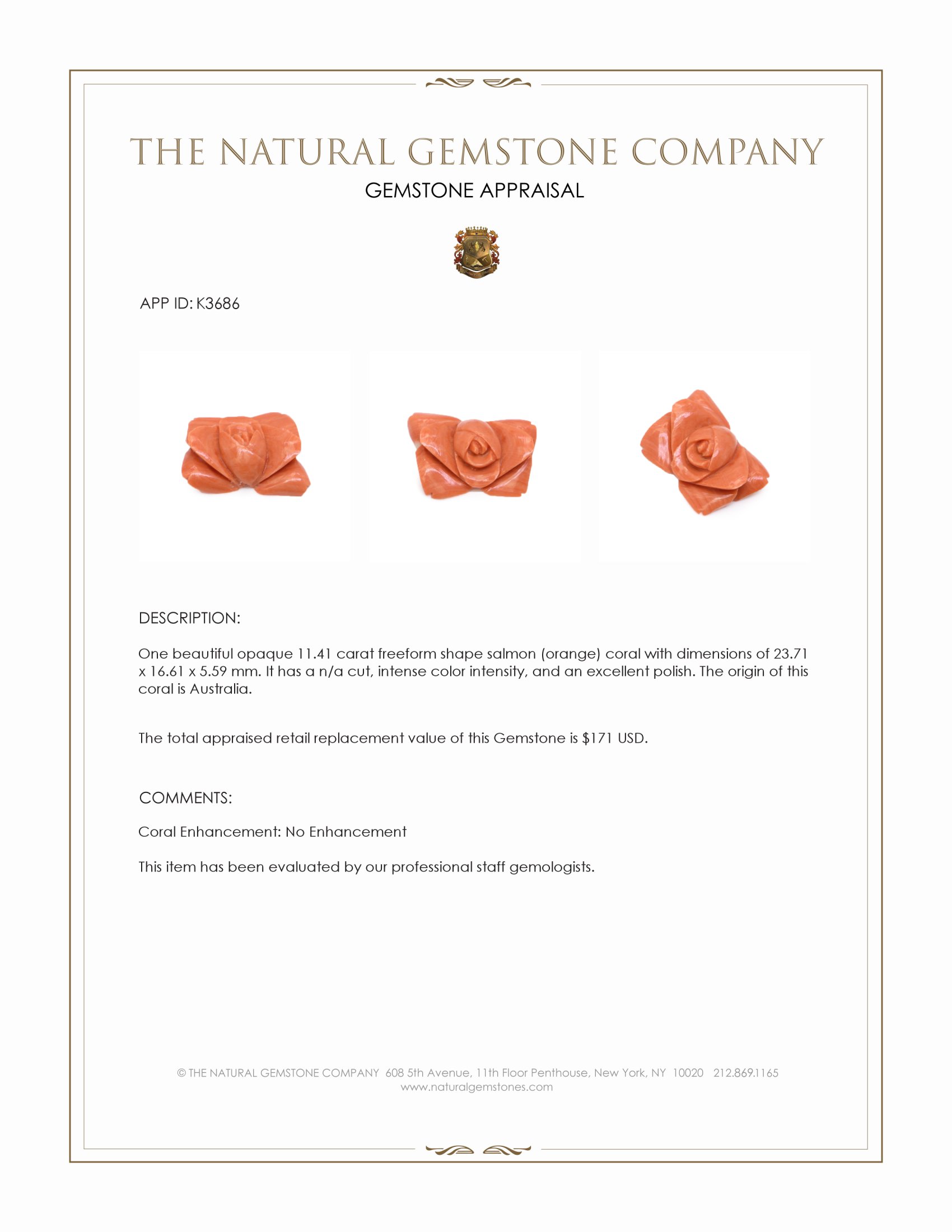 11.41 Ct. Salmon (Orange) Coral from Australia